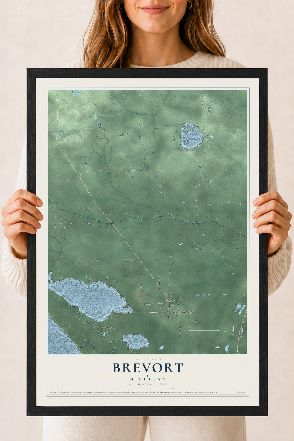 Map of Brevort, Michigan, 18 x 24 inch print in a black wood frame