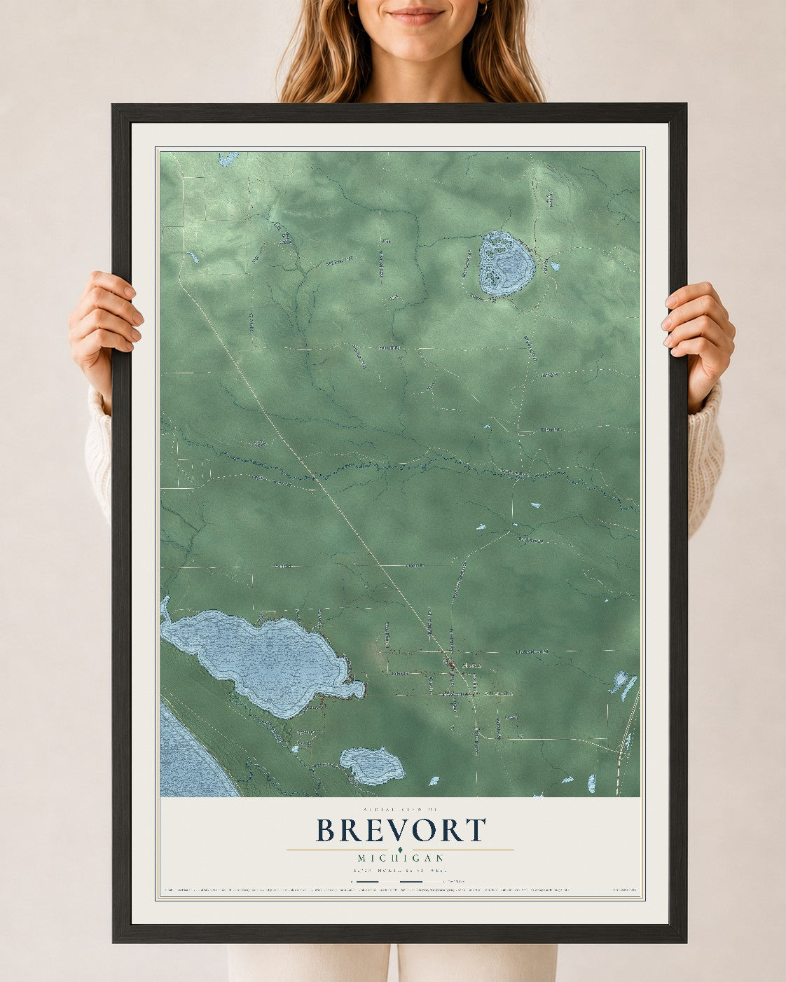 Map of Brevort, Michigan, 24 x 36 inch print in a black wood frame