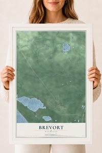 Map of Brevort, Michigan, 18 x 24 inch print in a white wood frame