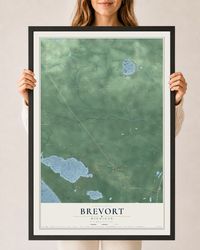 Map of Brevort, Michigan, 24 x 36 inch print in a black wood frame