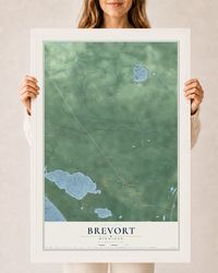 Map of Brevort, Michigan, 24 x 36 inch print in a white wood frame