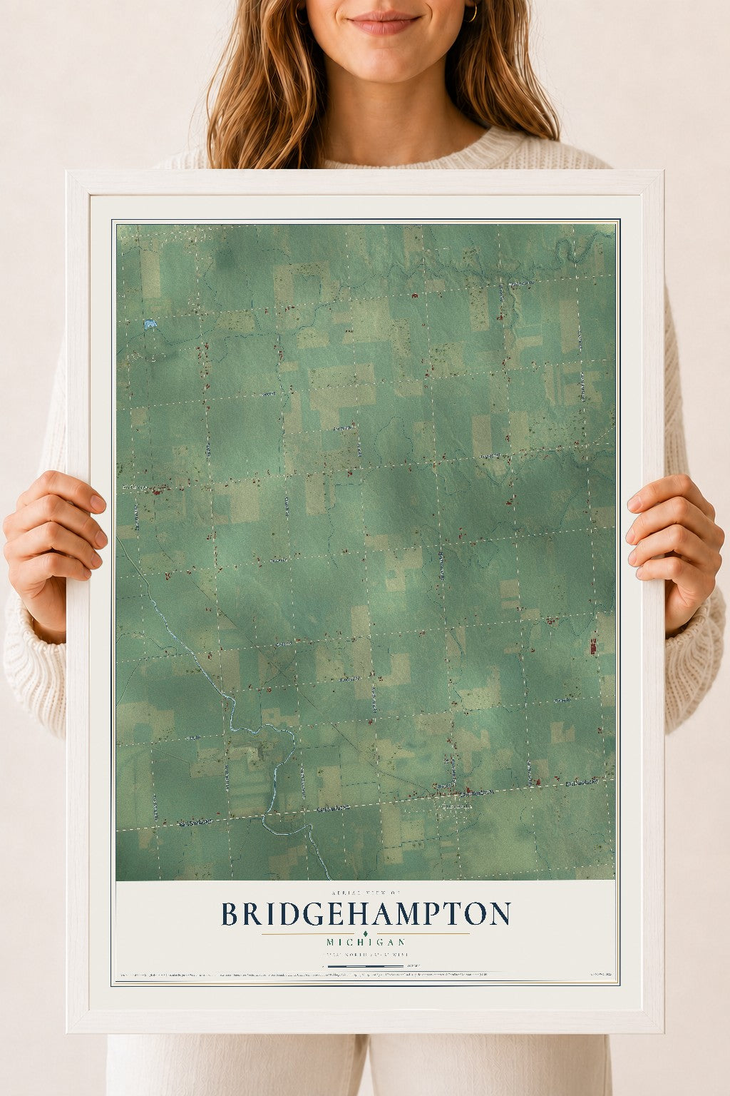 Map of Bridgehampton, Michigan, 18 x 24 inch print in a white wood frame