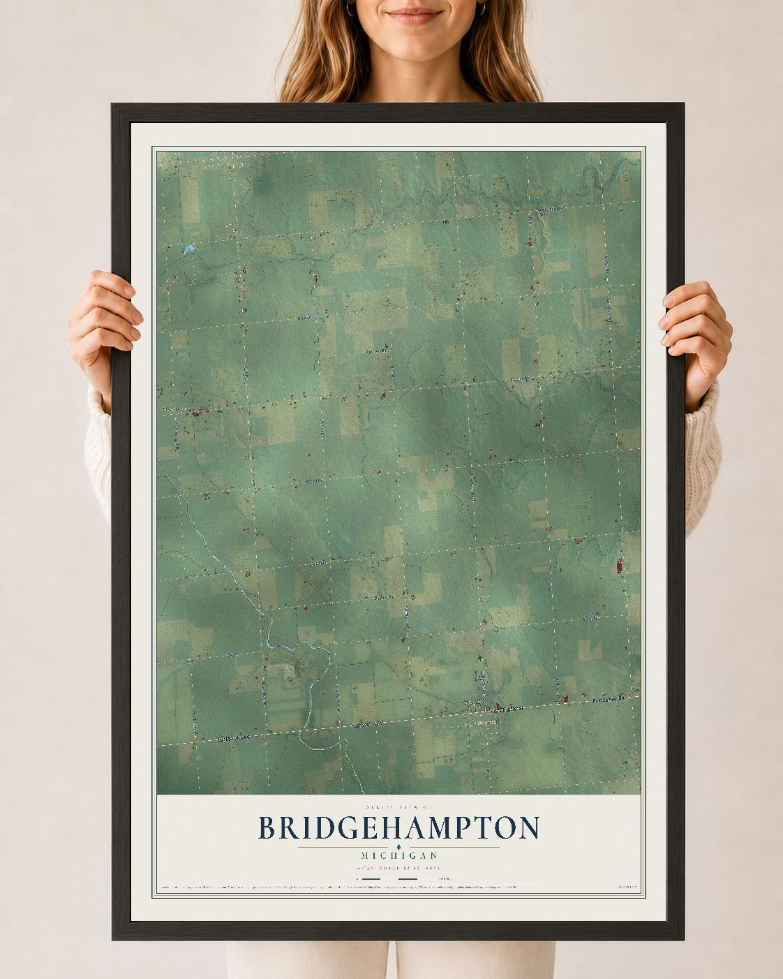 Map of Bridgehampton, Michigan, 24 x 36 inch print in a black wood frame