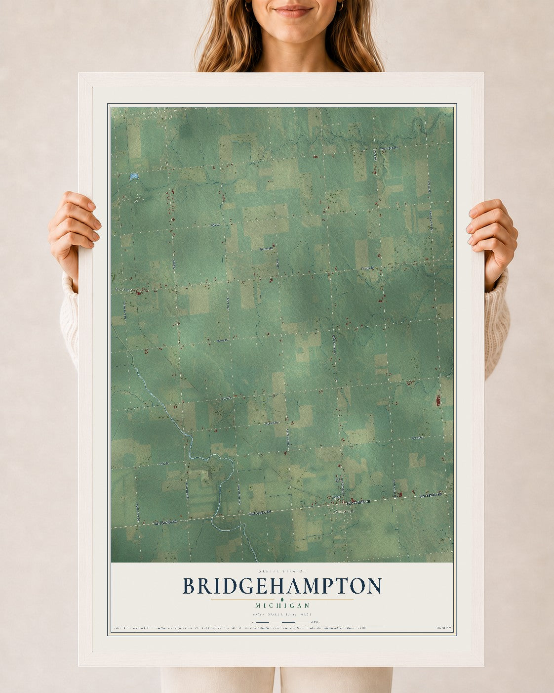 Map of Bridgehampton, Michigan, 24 x 36 inch print in a white wood frame