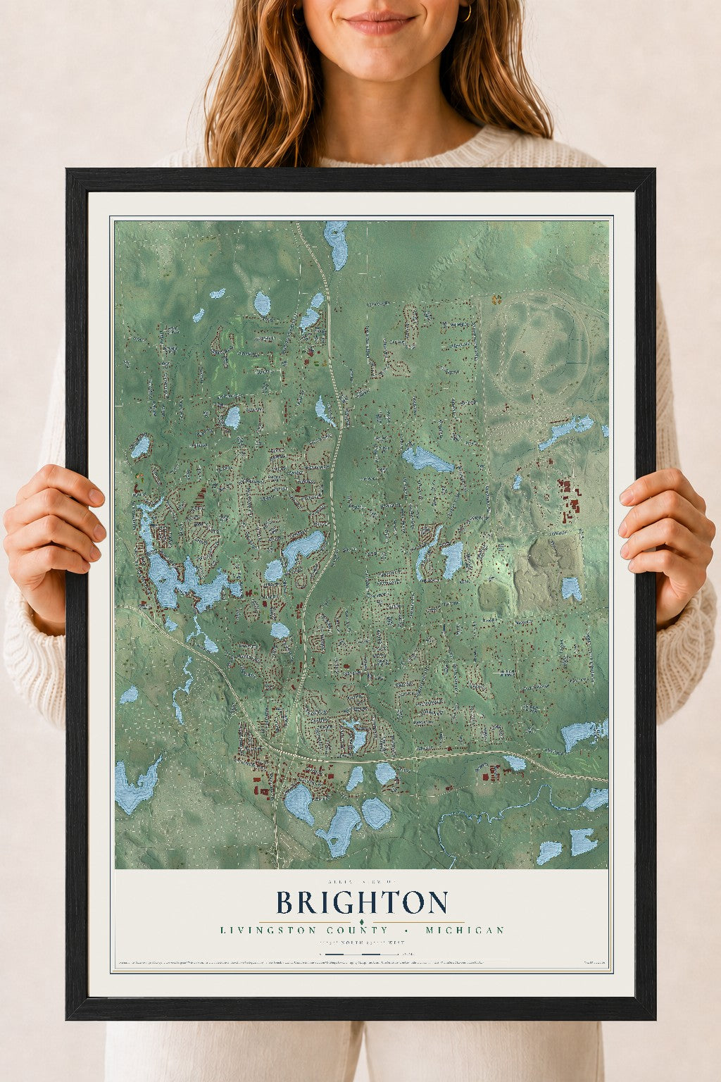 Map of Brighton, Livingston County, Michigan, 18 x 24 inch print in a black wood frame