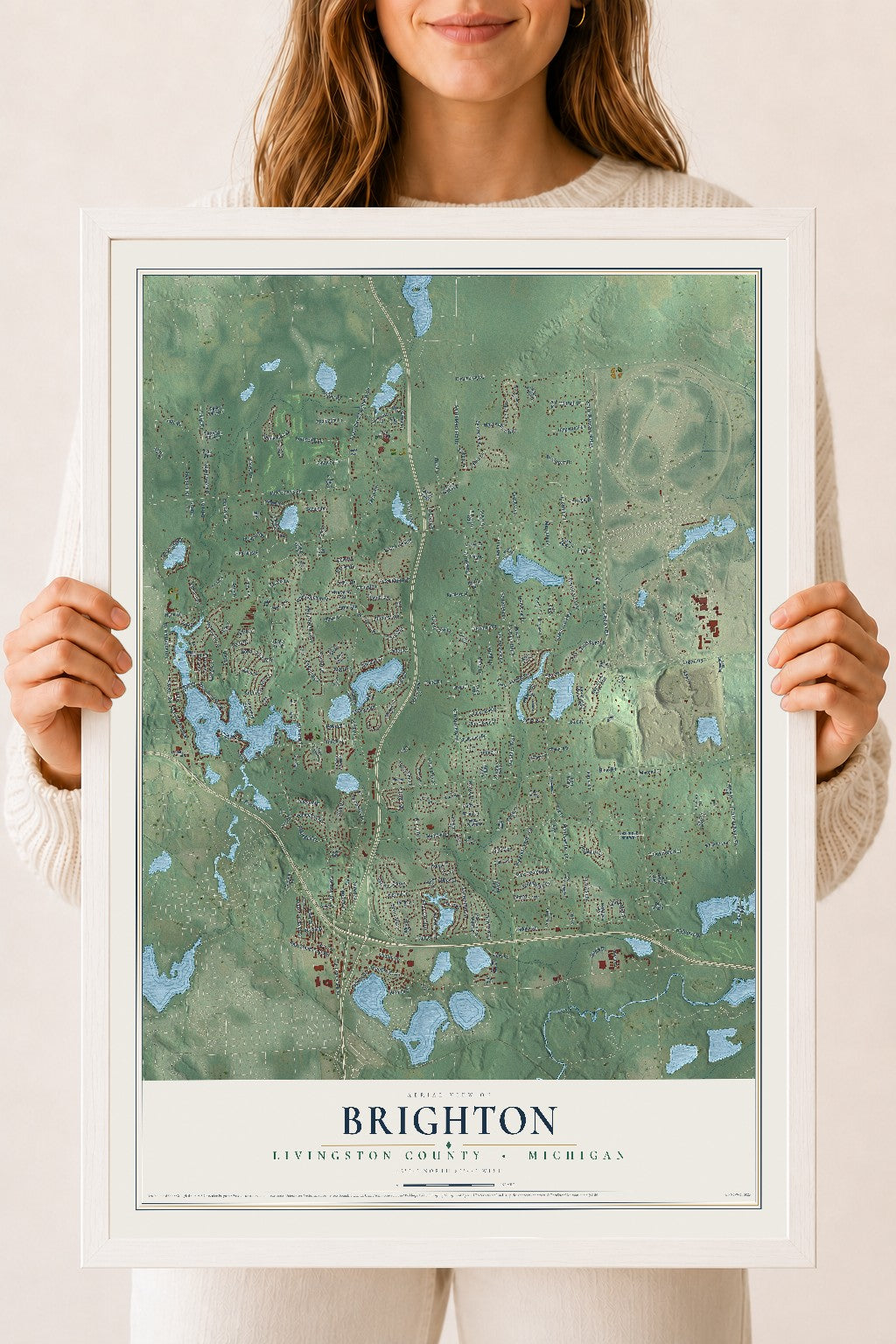 Map of Brighton, Livingston County, Michigan, 18 x 24 inch print in a white wood frame