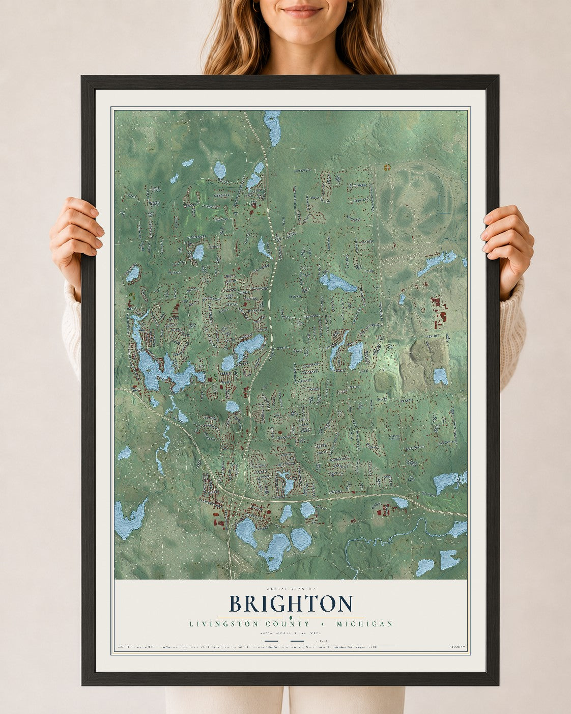 Map of Brighton, Livingston County, Michigan, 24 x 36 inch print in a black wood frame