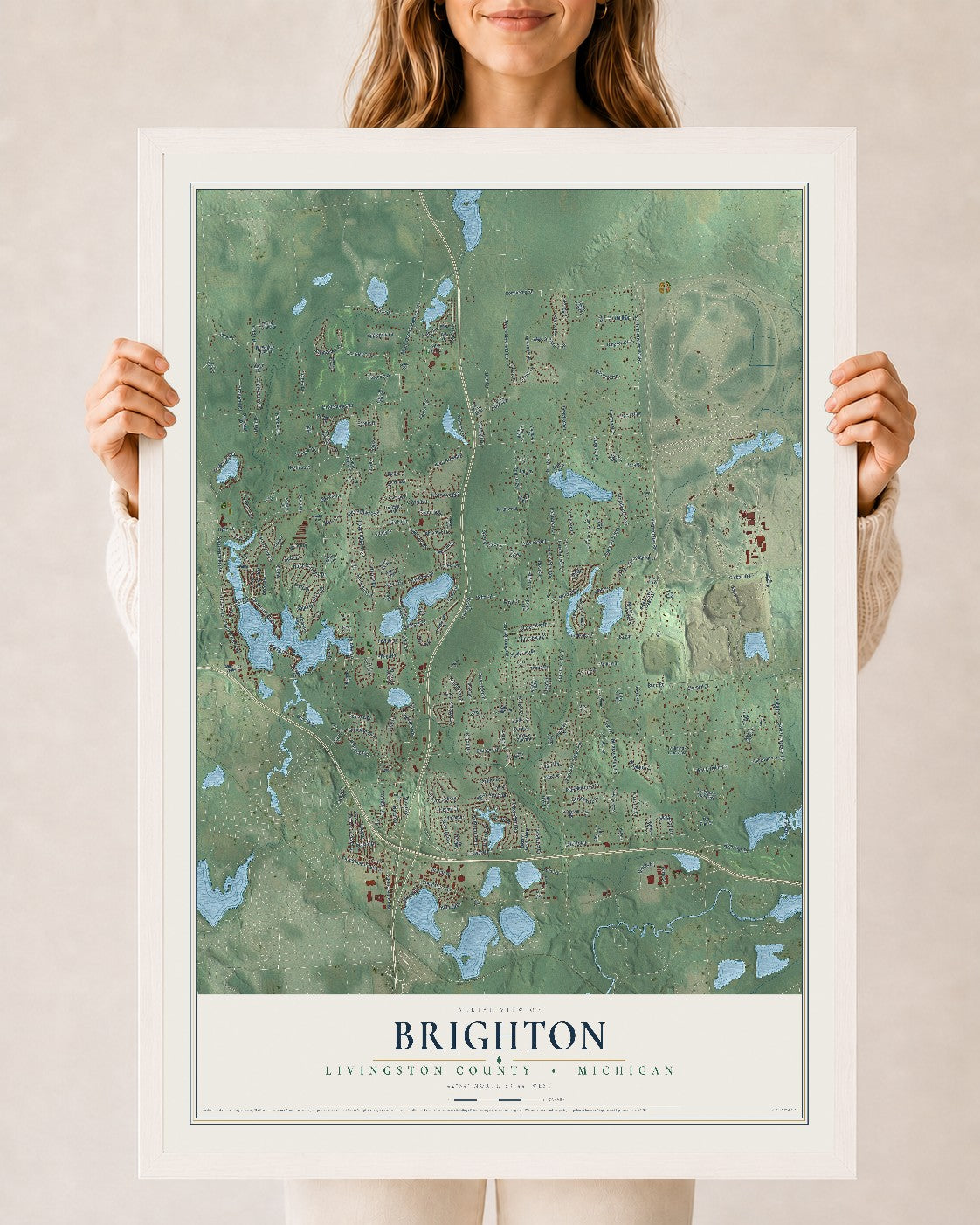 Map of Brighton, Livingston County, Michigan, 24 x 36 inch print in a white wood frame