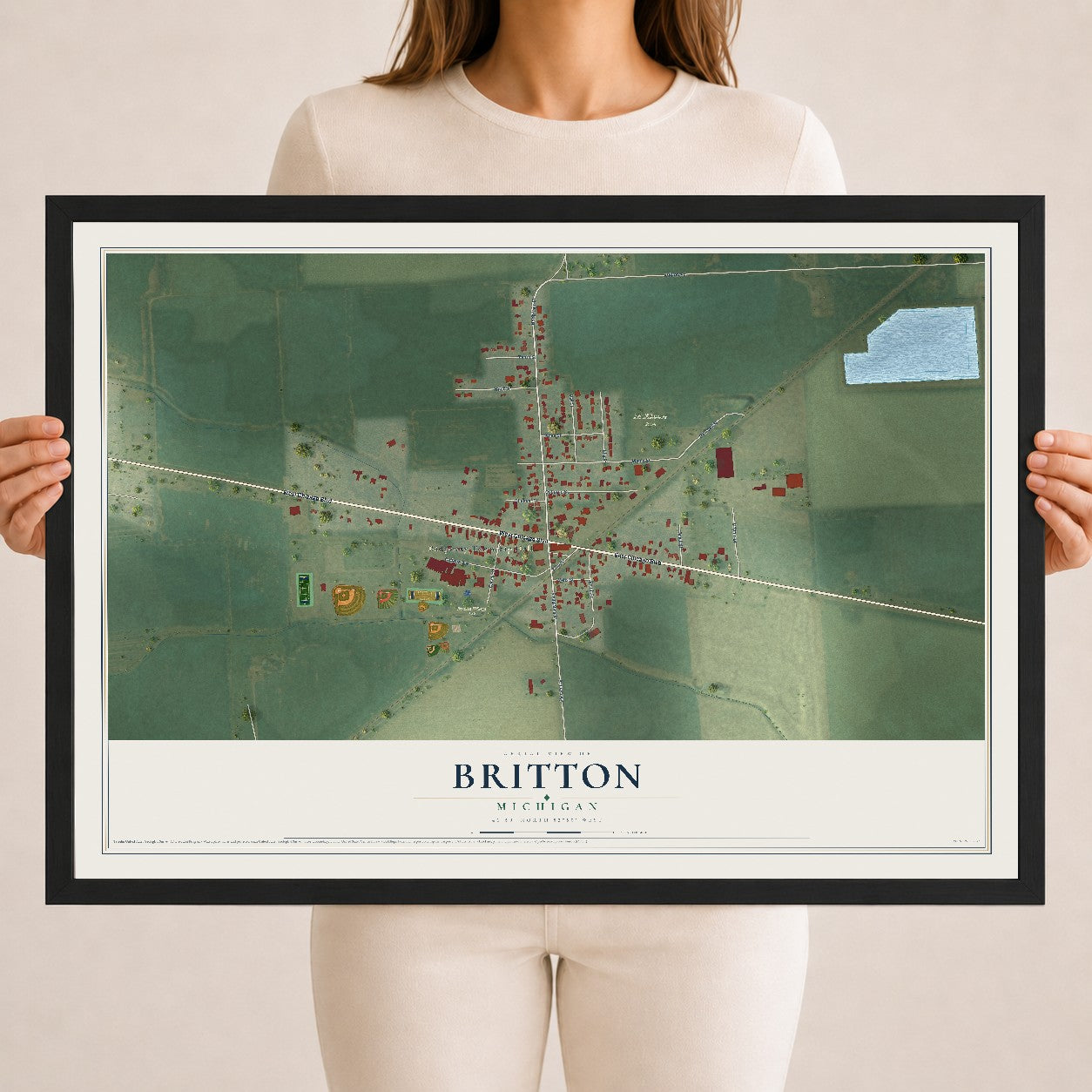 Map of Britton, Michigan, 18 x 24 inch print in a black wood frame