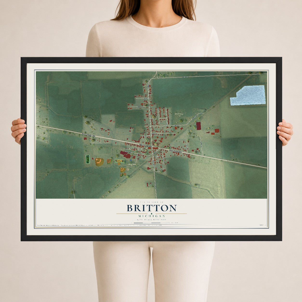 Map of Britton, Michigan, 24 x 36 inch print in a black wood frame