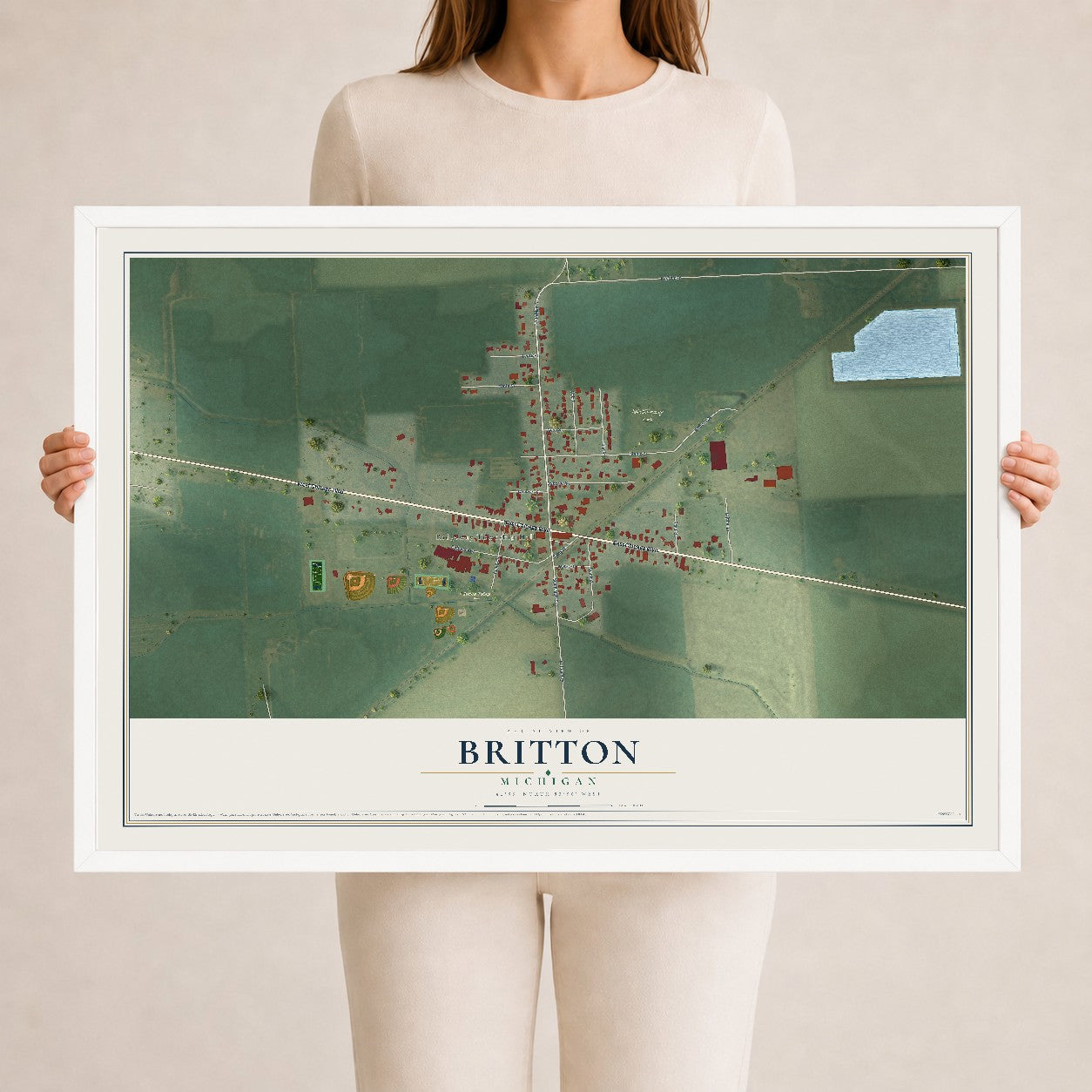 Map of Britton, Michigan, 24 x 36 inch print in a white wood frame