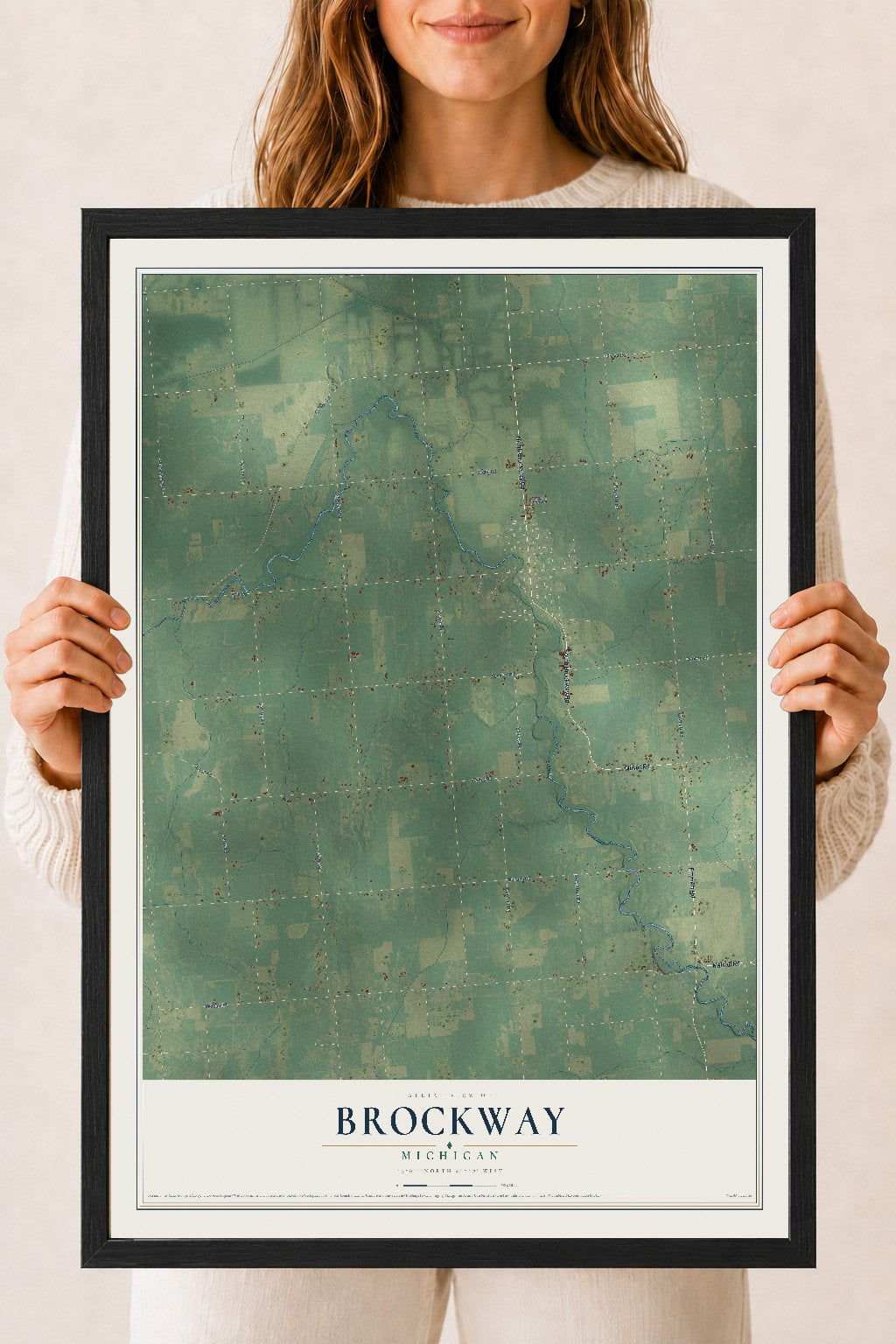 Map of Brockway, Michigan, 18 x 24 inch print in a black wood frame