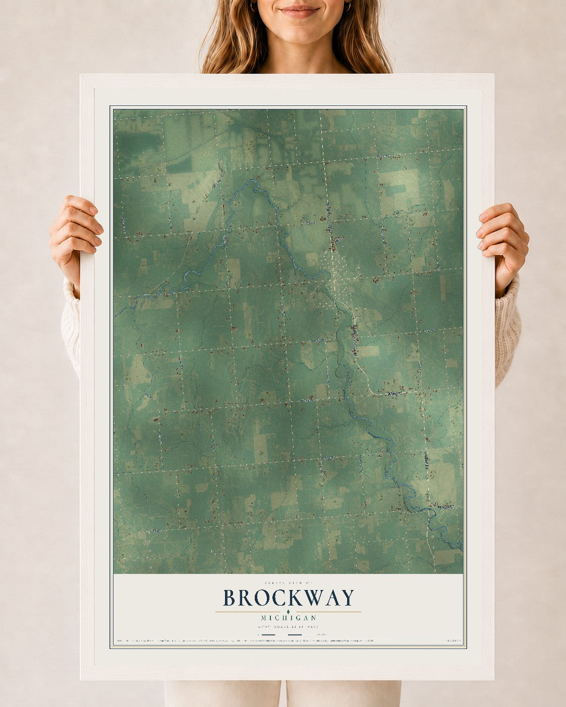 Map of Brockway, Michigan, 24 x 36 inch print in a white wood frame