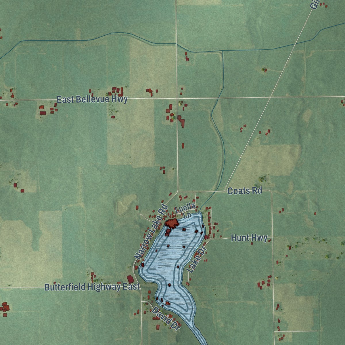 Close-up of the map of Brookfield, Eaton County, Michigan print showing street and building detail