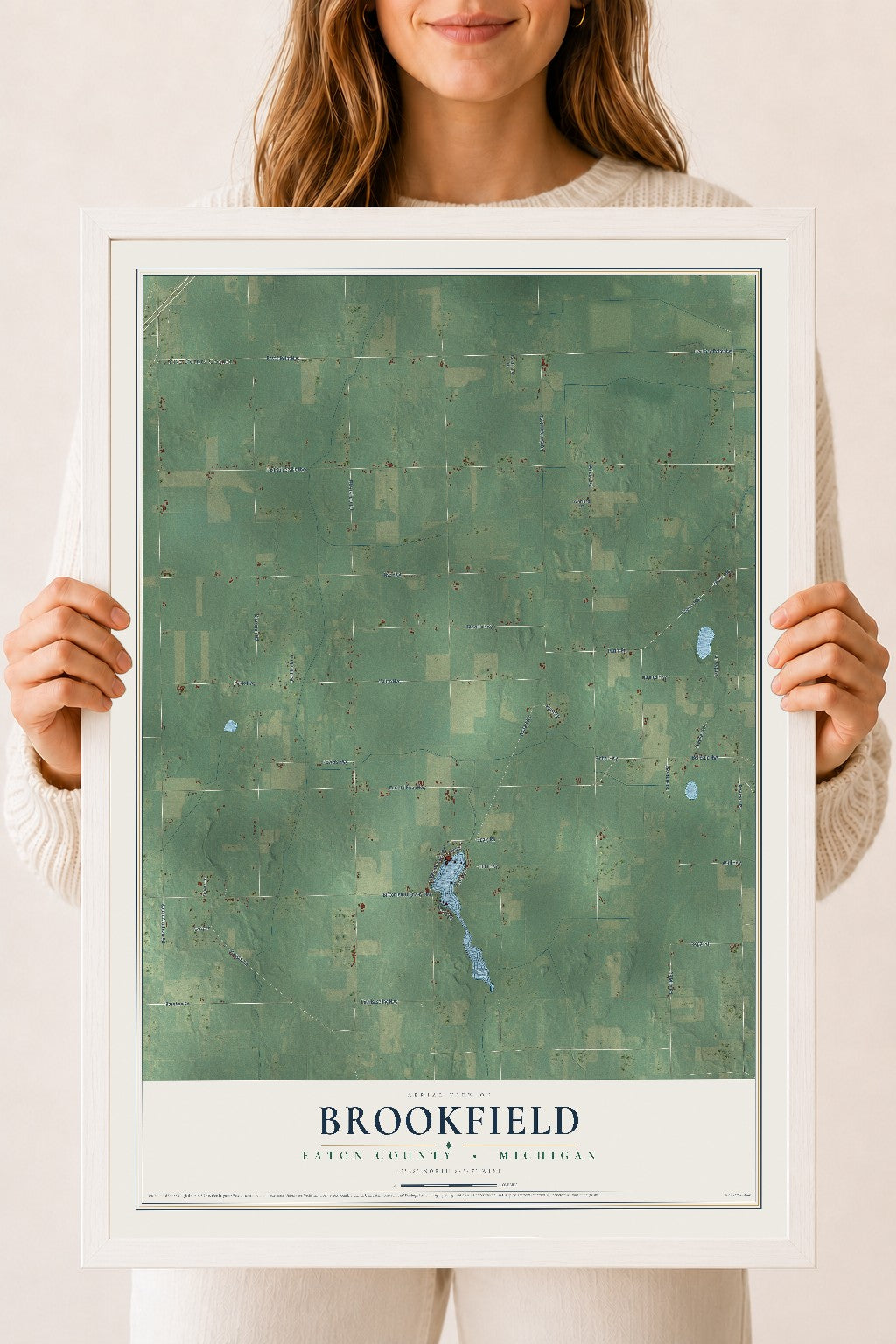 Map of Brookfield, Eaton County, Michigan, 18 x 24 inch print in a white wood frame