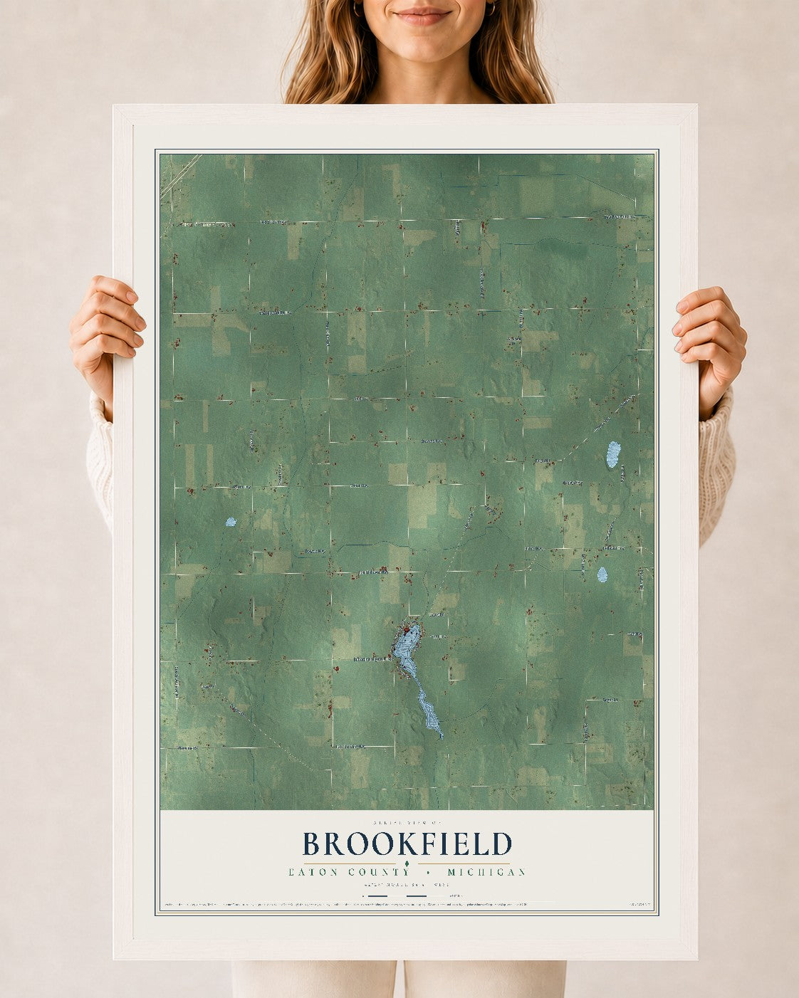 Map of Brookfield, Eaton County, Michigan, 24 x 36 inch print in a white wood frame