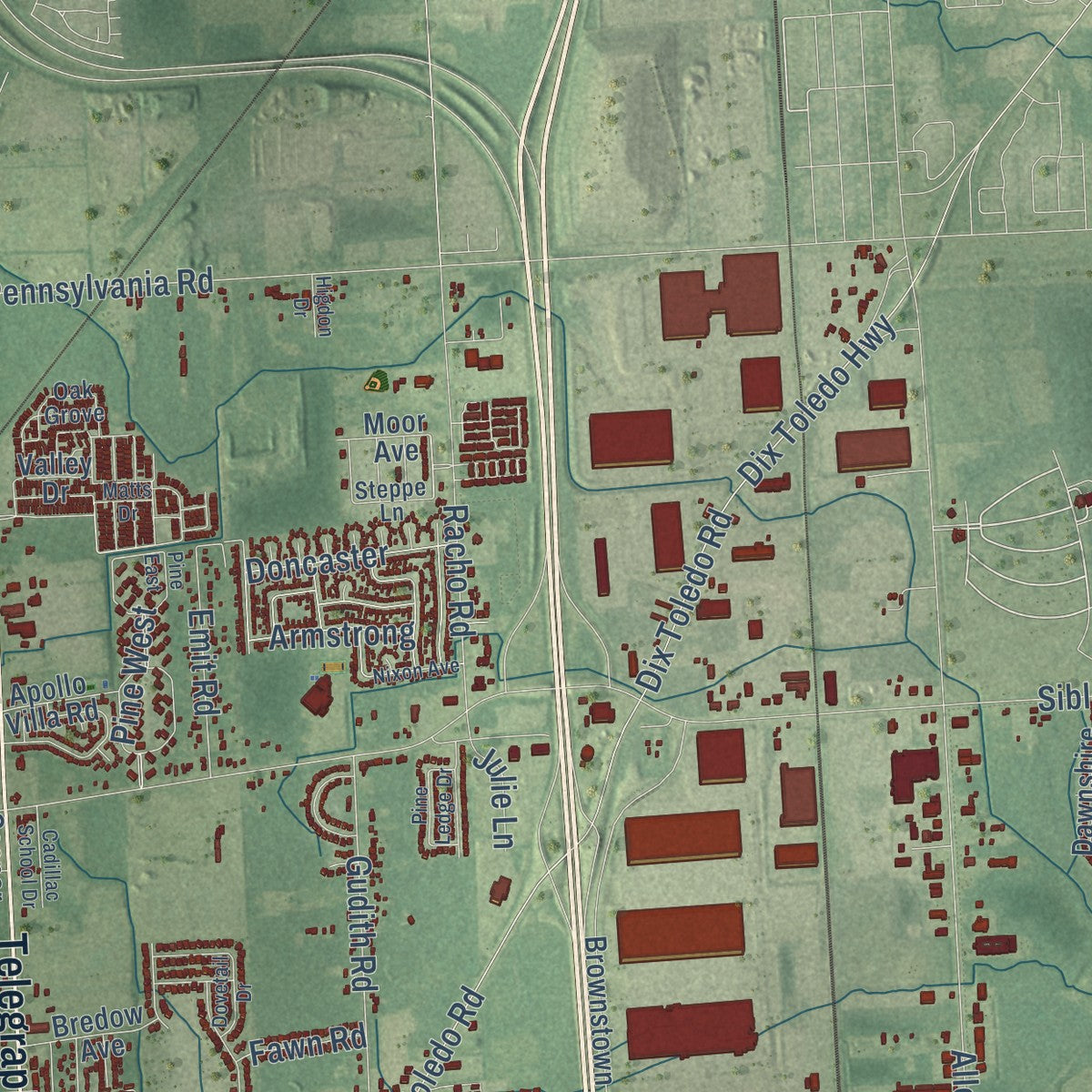 Close-up of the map of Brownstown, Michigan print showing street and building detail