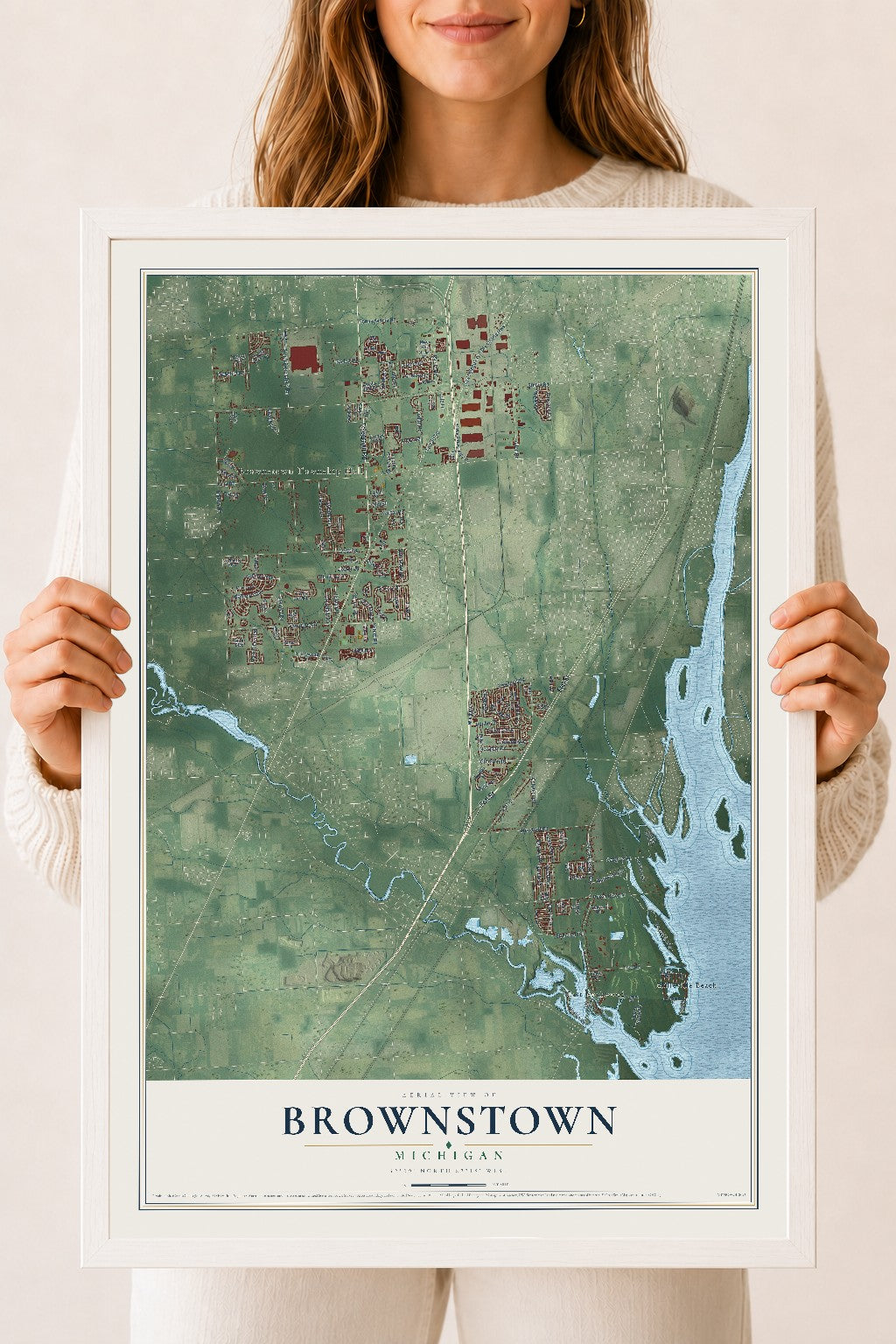 Map of Brownstown, Michigan, 18 x 24 inch print in a white wood frame