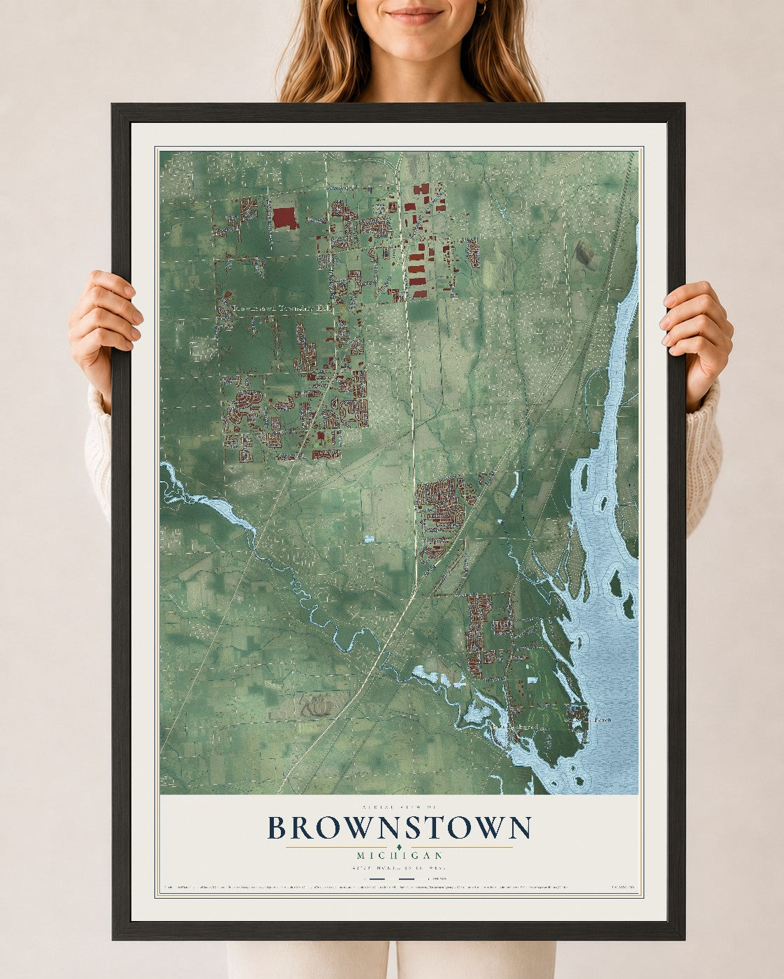 Map of Brownstown, Michigan, 24 x 36 inch print in a black wood frame