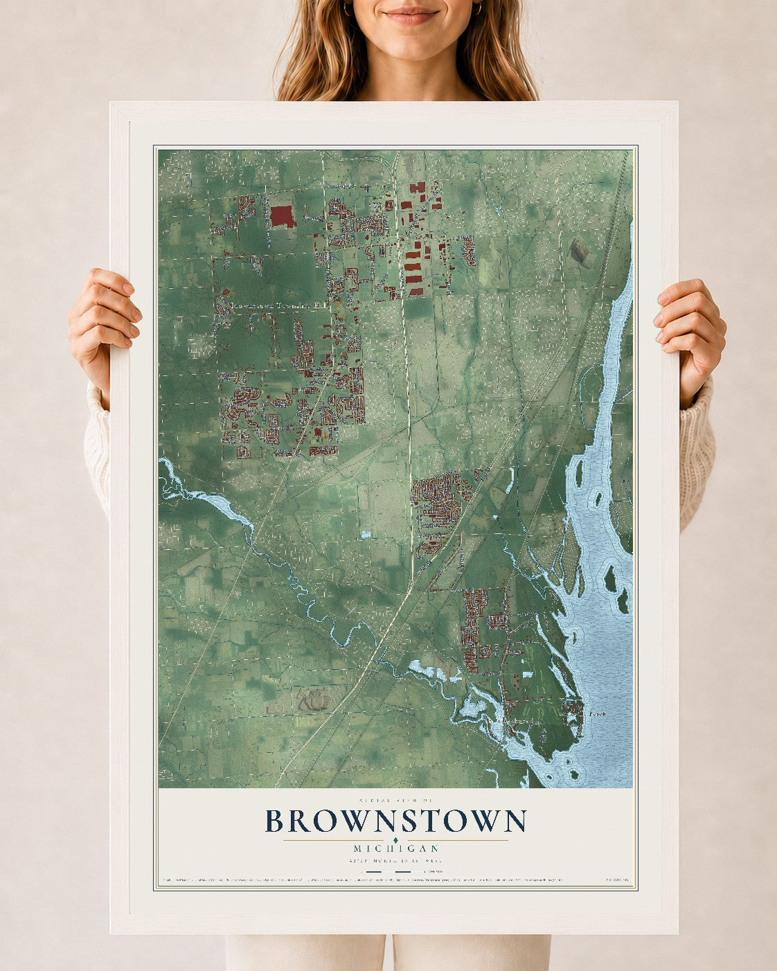 Map of Brownstown, Michigan, 24 x 36 inch print in a white wood frame