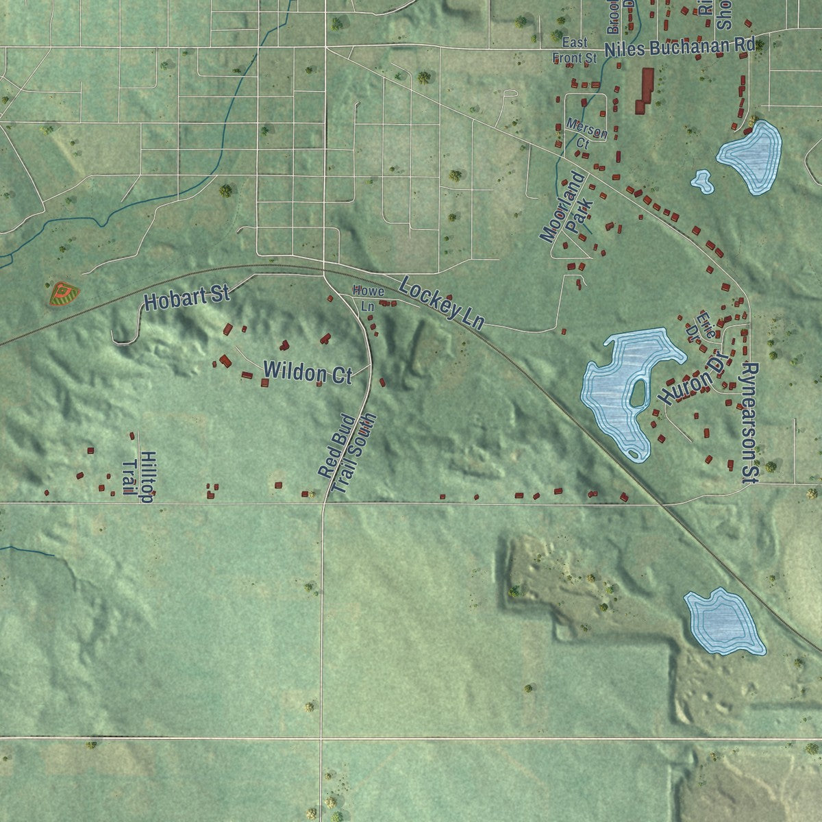 Close-up of the map of Buchanan, Berrien County, Michigan print showing street and building detail
