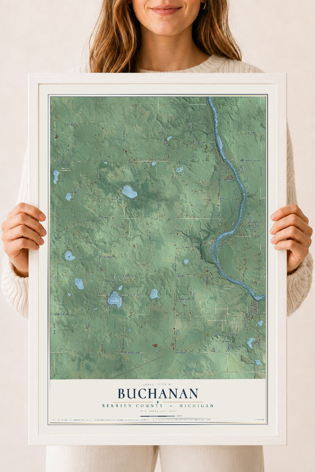 Map of Buchanan, Berrien County, Michigan, 18 x 24 inch print in a white wood frame