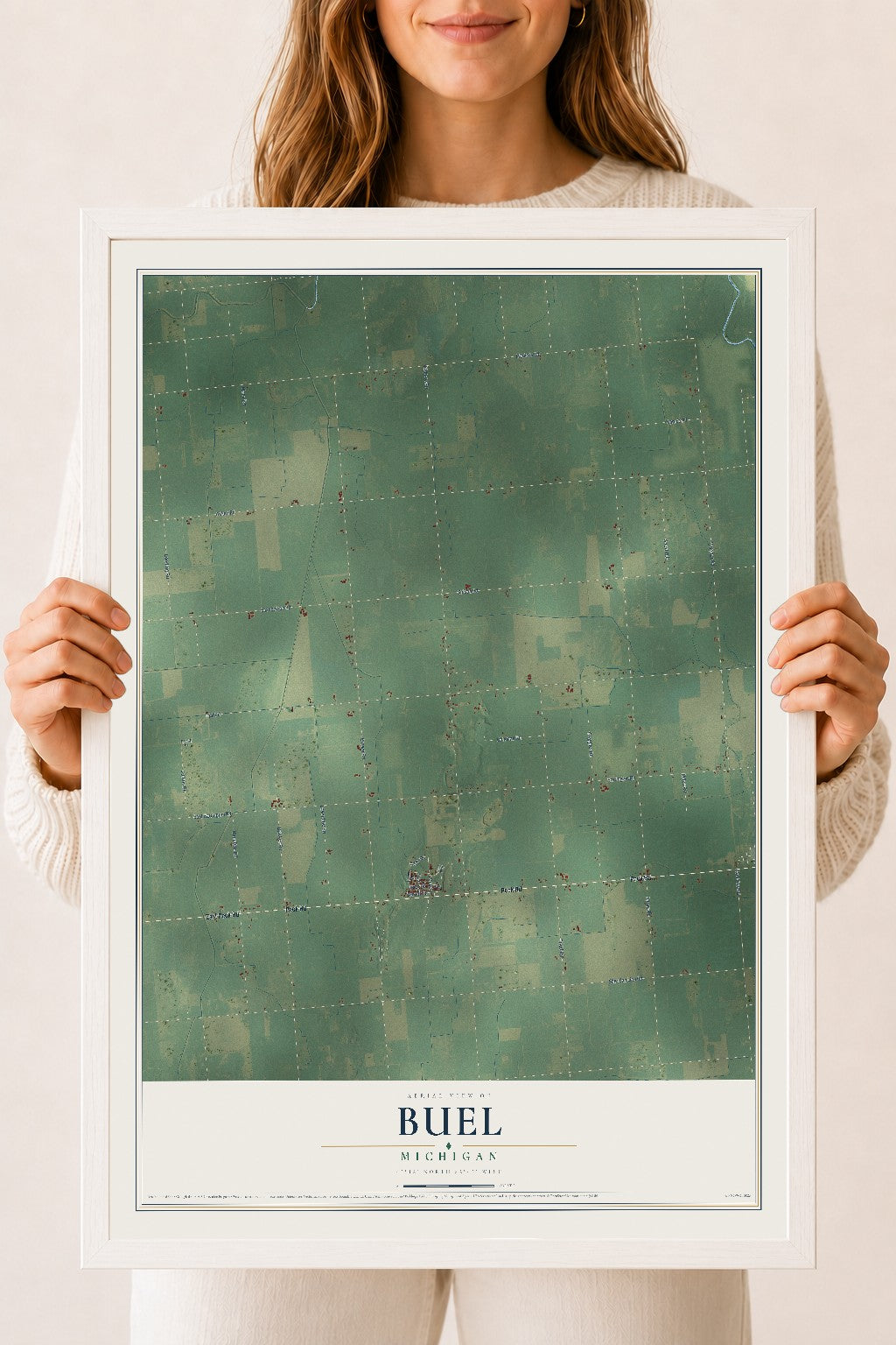 Map of Buel, Michigan, 18 x 24 inch print in a white wood frame