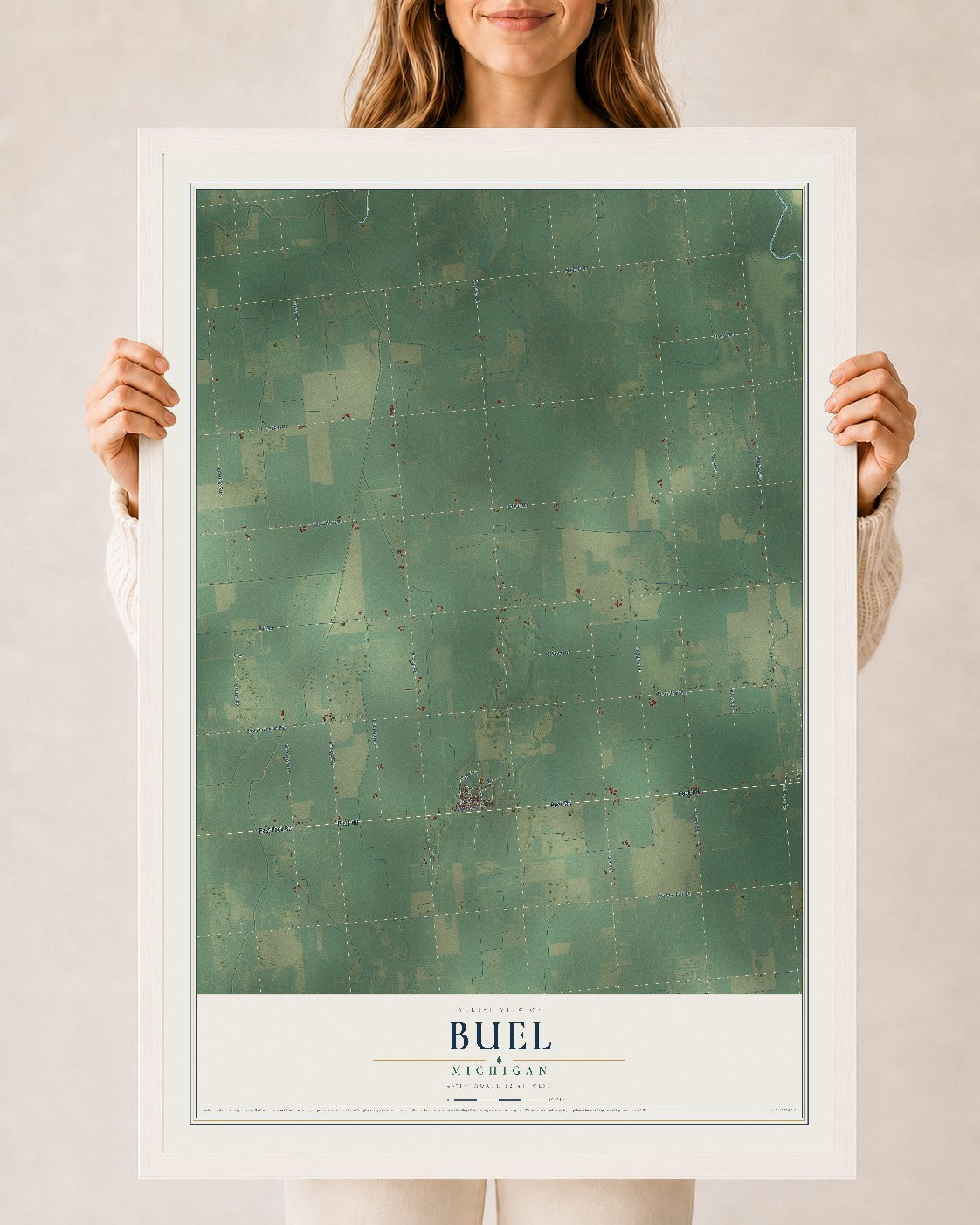 Map of Buel, Michigan, 24 x 36 inch print in a white wood frame
