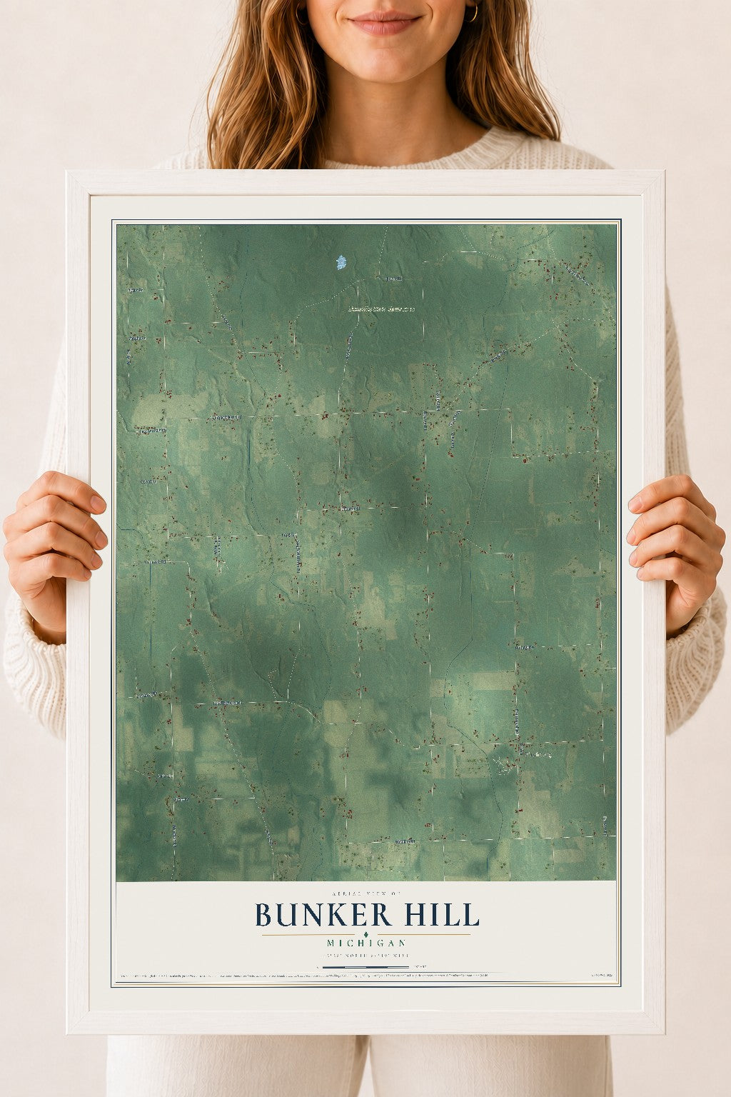 Map of Bunker Hill, Michigan, 18 x 24 inch print in a white wood frame