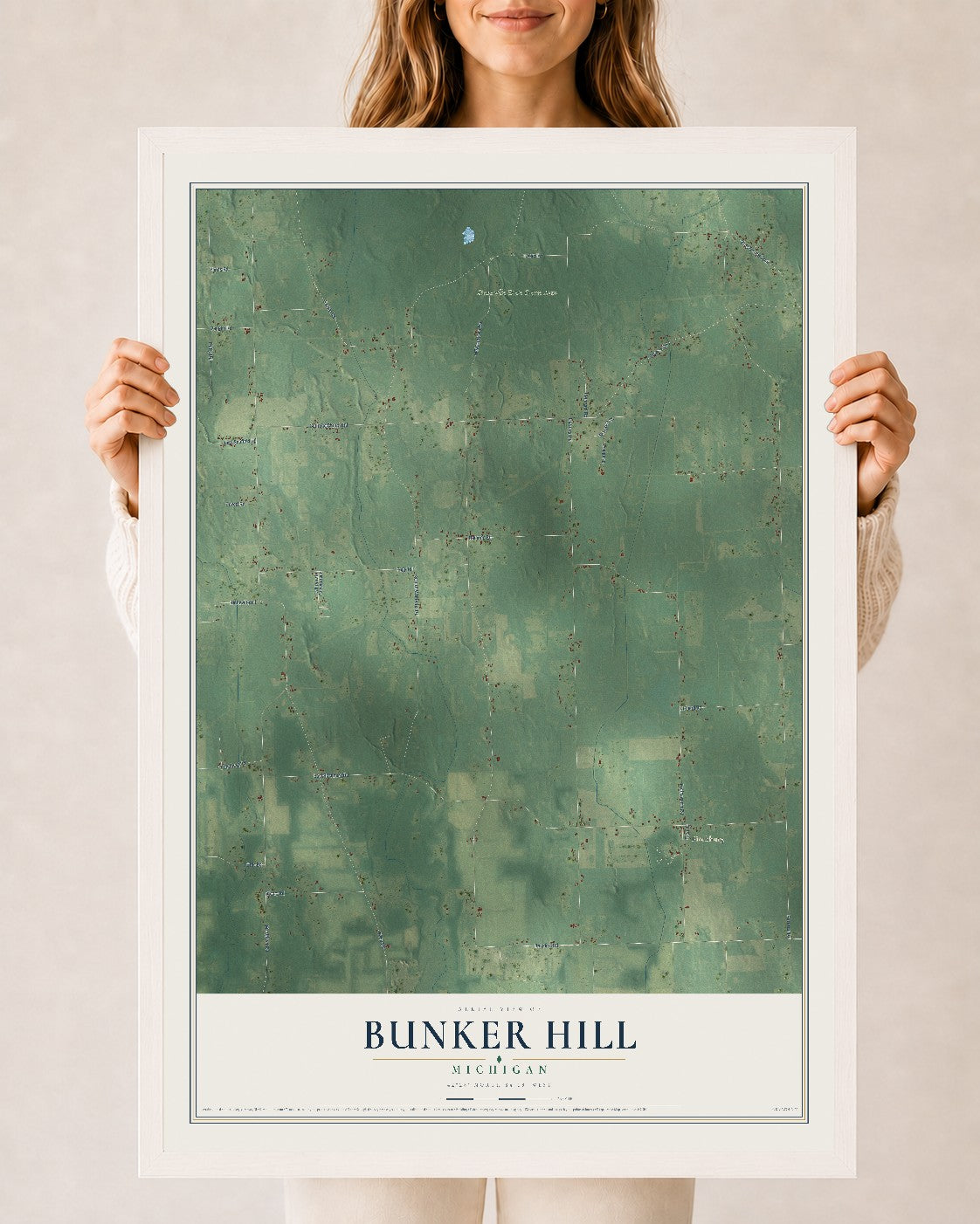 Map of Bunker Hill, Michigan, 24 x 36 inch print in a white wood frame