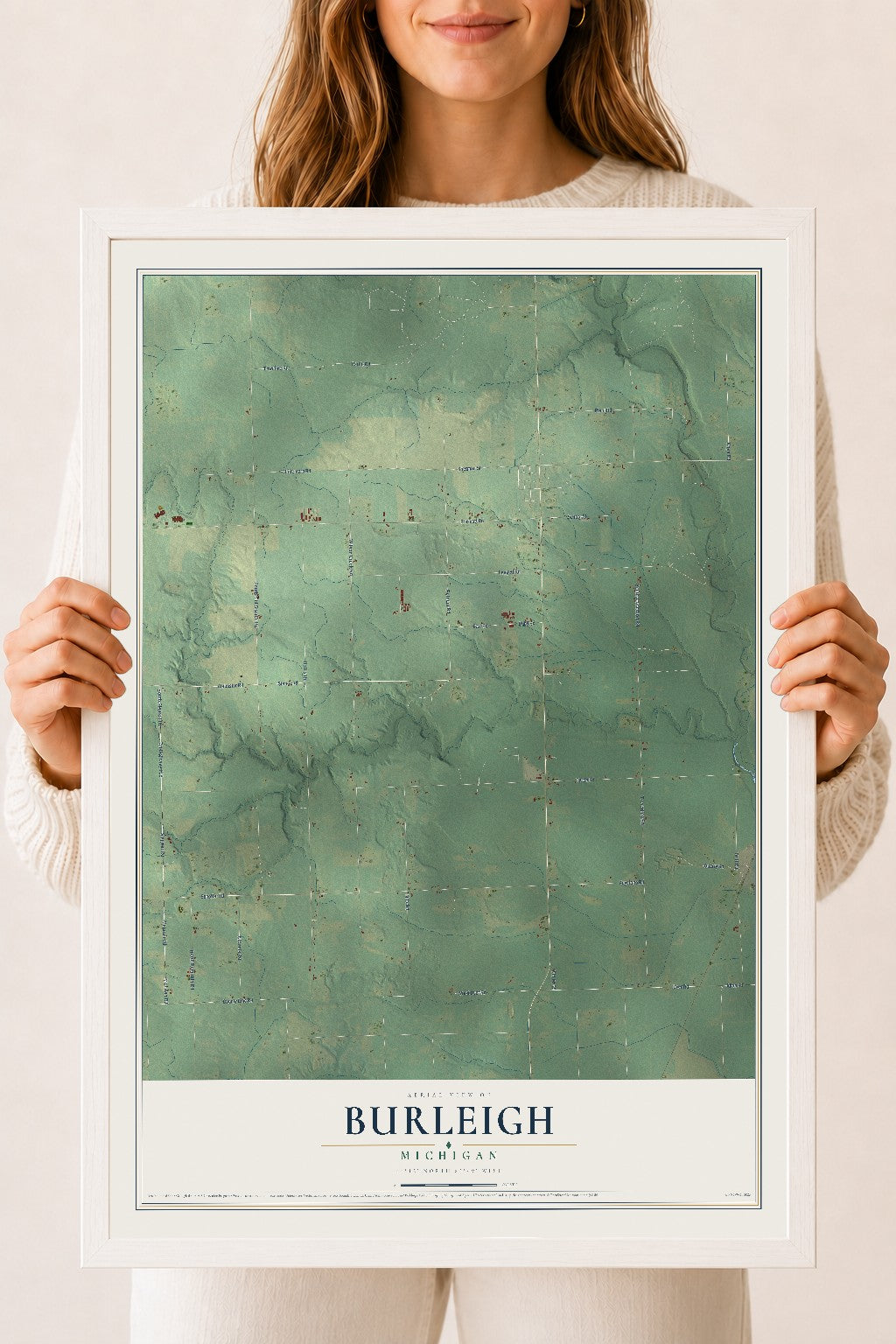 Map of Burleigh, Michigan, 18 x 24 inch print in a white wood frame
