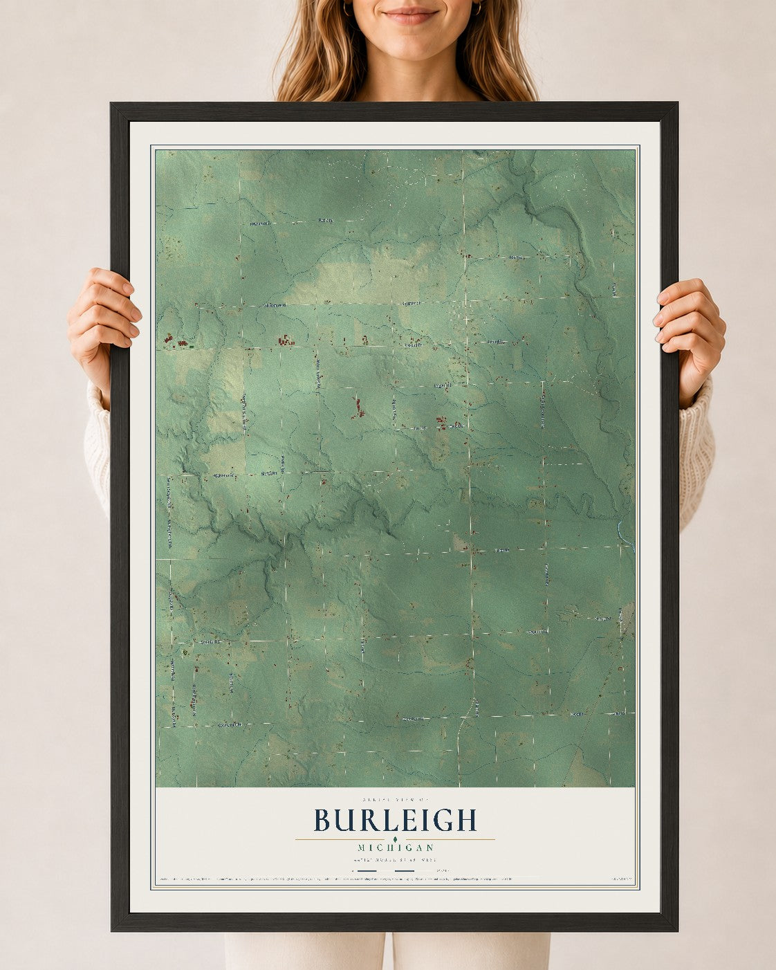 Map of Burleigh, Michigan, 24 x 36 inch print in a black wood frame