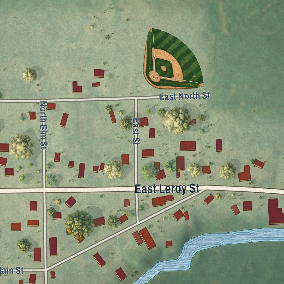 Close-up of the map of Burlington, Michigan print showing street and building detail