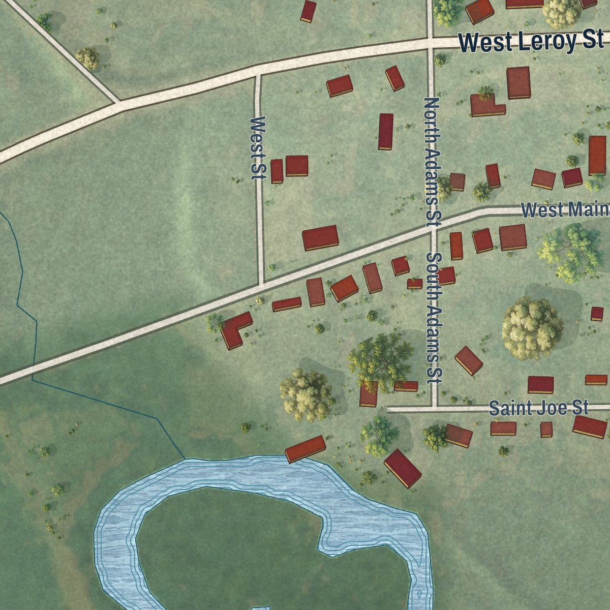 Second close-up of the map of Burlington, Michigan print showing more streets and buildings