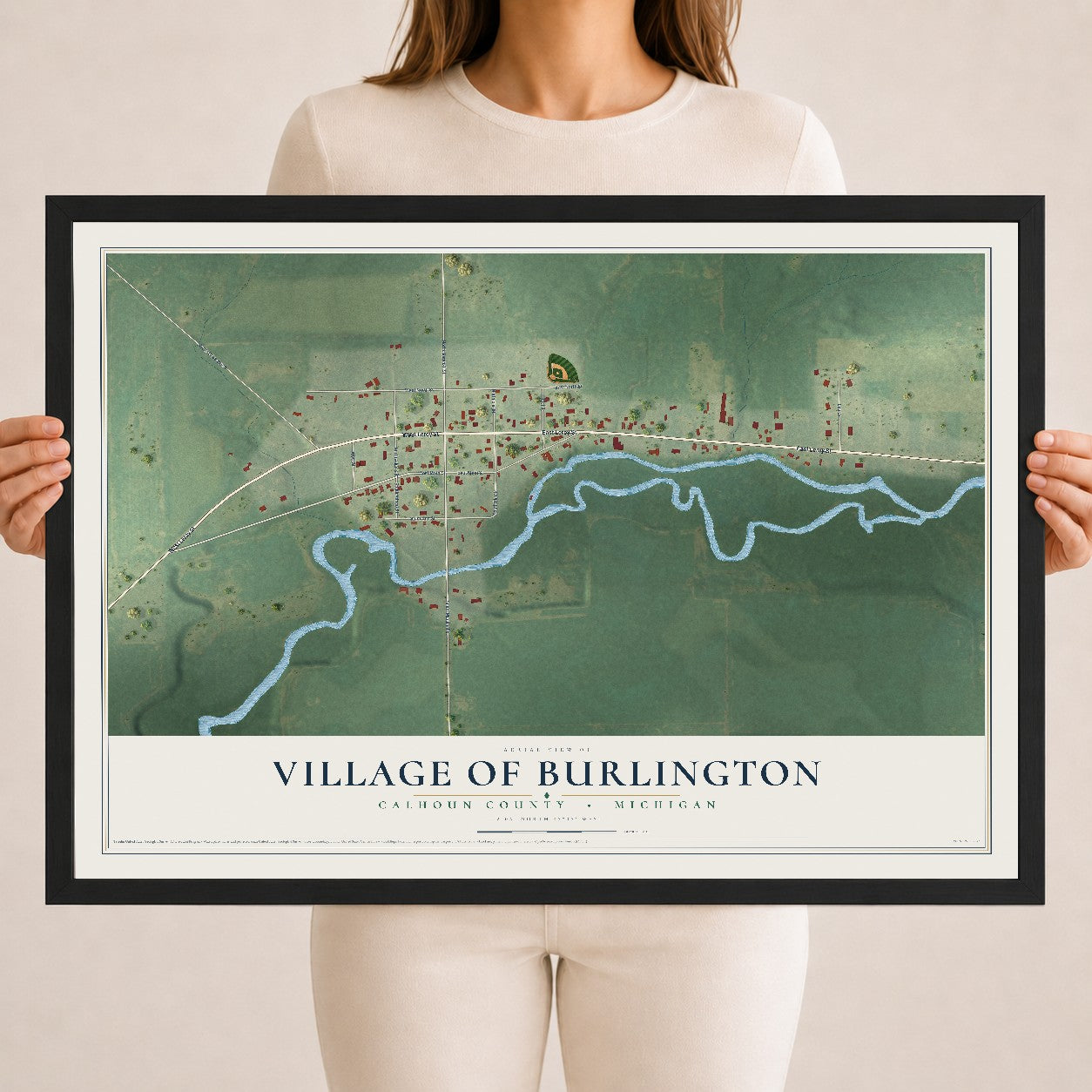 Map of Burlington, Michigan, 18 x 24 inch print in a black wood frame