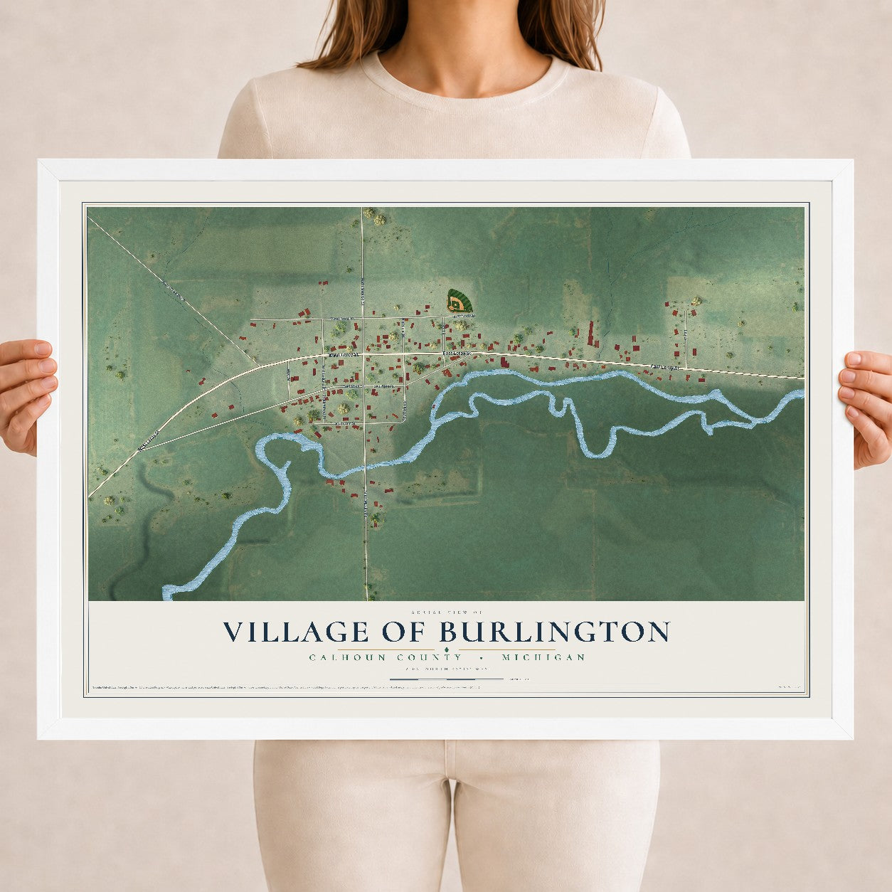 Map of Burlington, Michigan, 18 x 24 inch print in a white wood frame