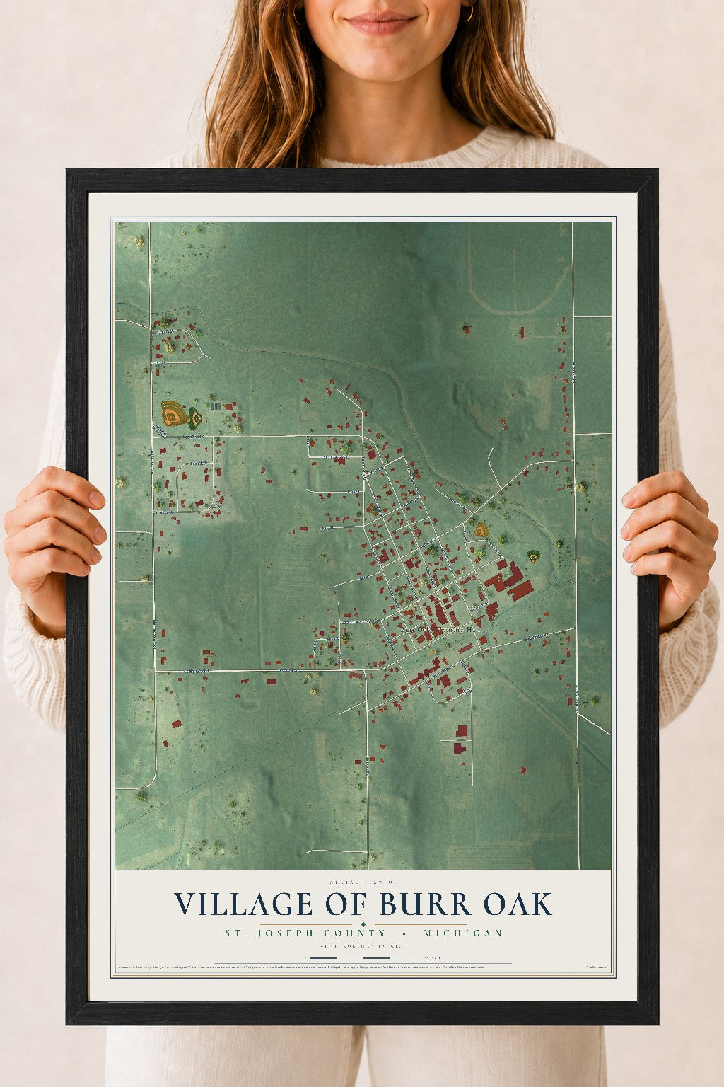 Map of Burr Oak, Michigan, 18 x 24 inch print in a black wood frame