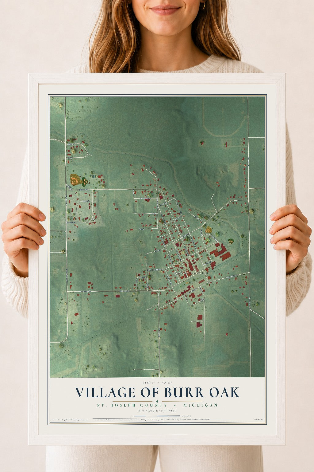 Map of Burr Oak, Michigan, 18 x 24 inch print in a white wood frame