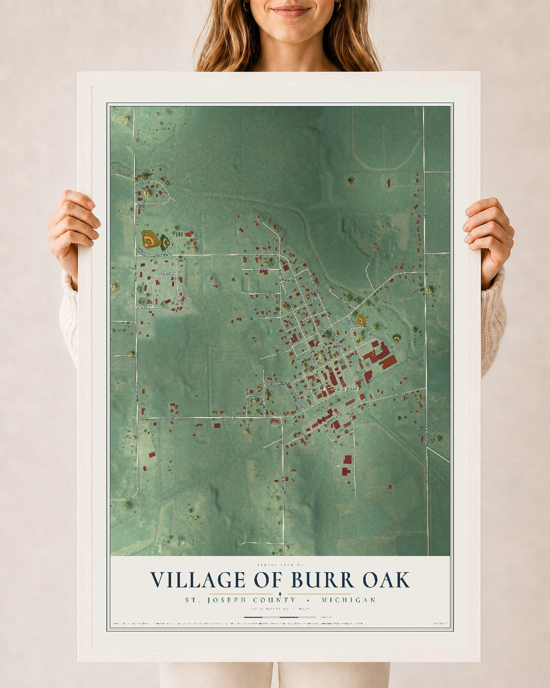 Map of Burr Oak, Michigan, 24 x 36 inch print in a white wood frame