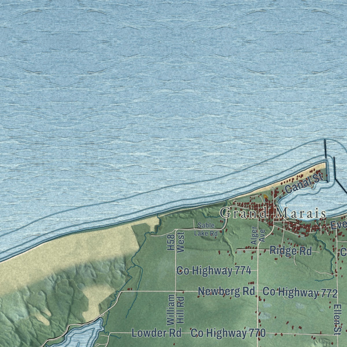 Close-up of the map of Burt, Alger County, Michigan print showing street and building detail