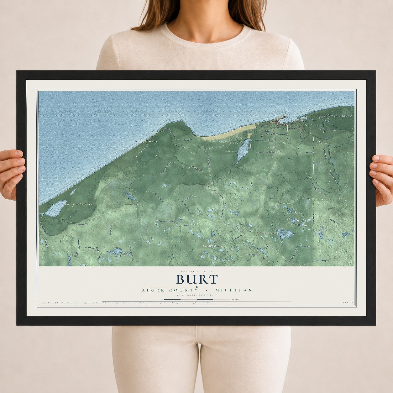 Map of Burt, Alger County, Michigan, 18 x 24 inch print in a black wood frame