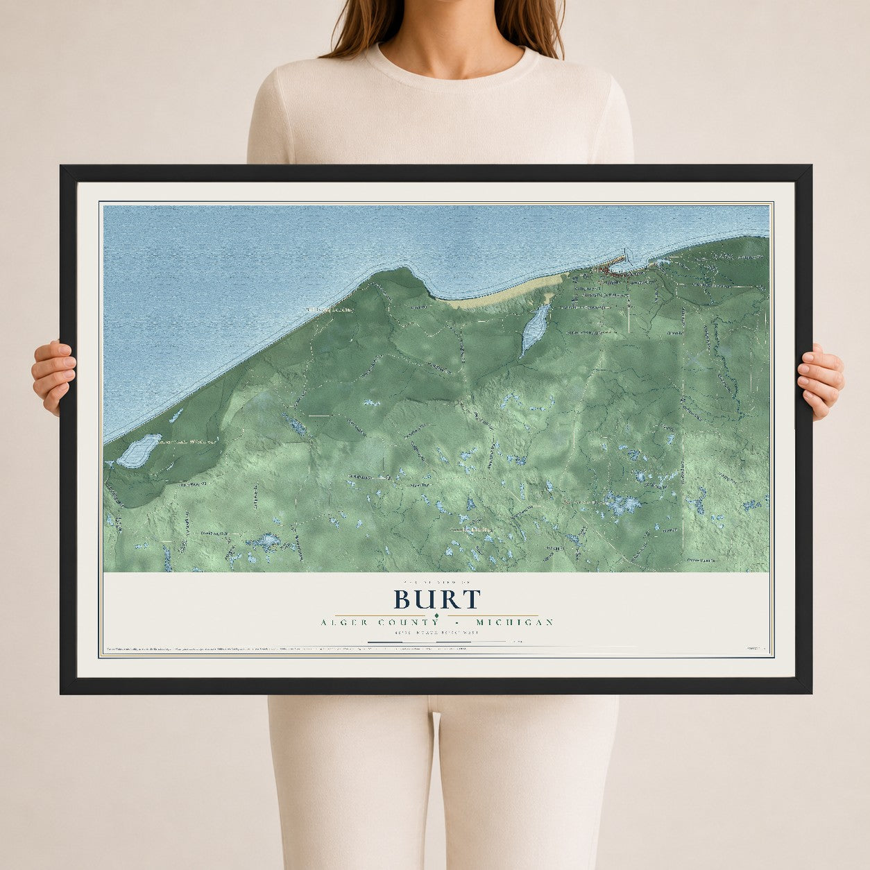 Map of Burt, Alger County, Michigan, 24 x 36 inch print in a black wood frame