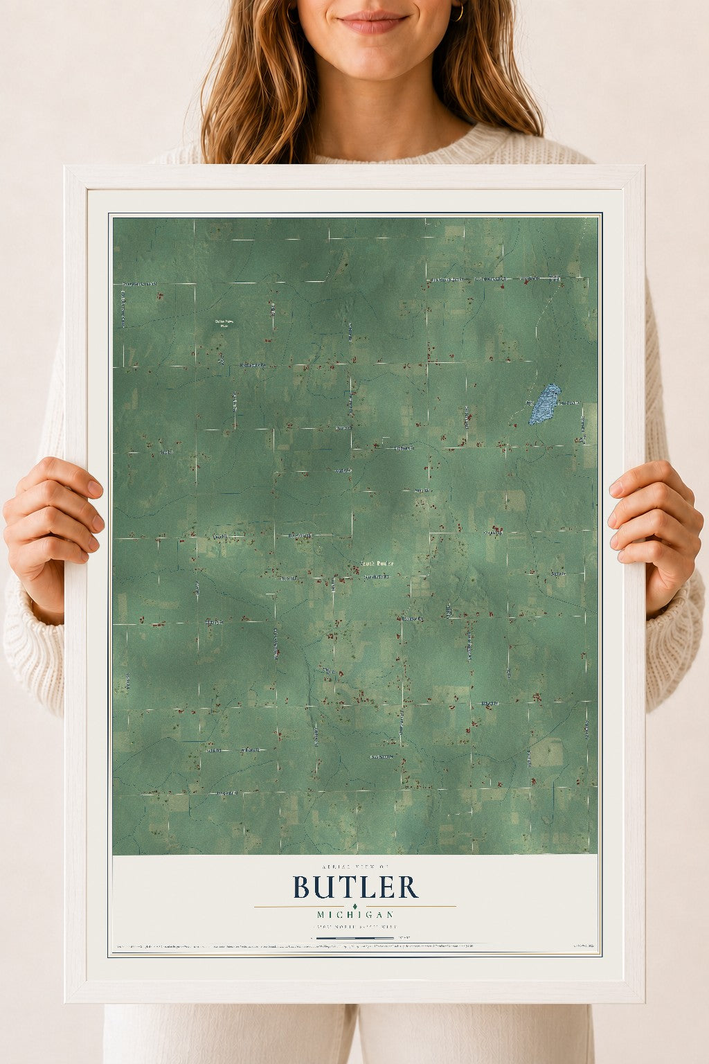 Map of Butler, Michigan, 18 x 24 inch print in a white wood frame