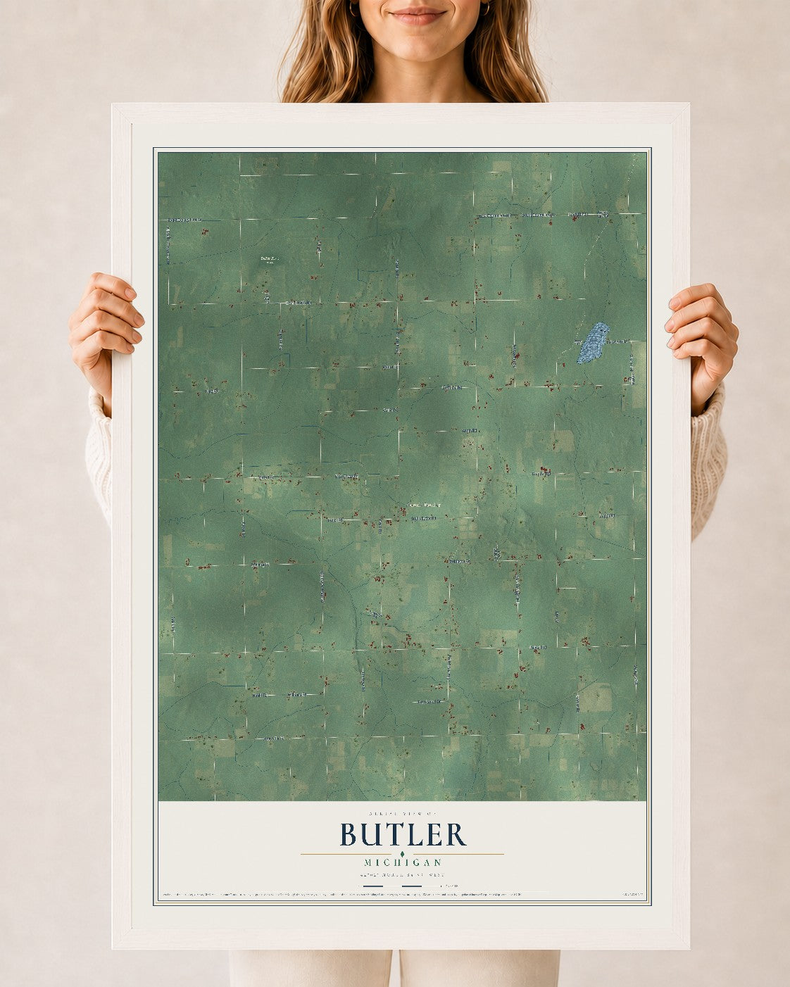 Map of Butler, Michigan, 24 x 36 inch print in a white wood frame