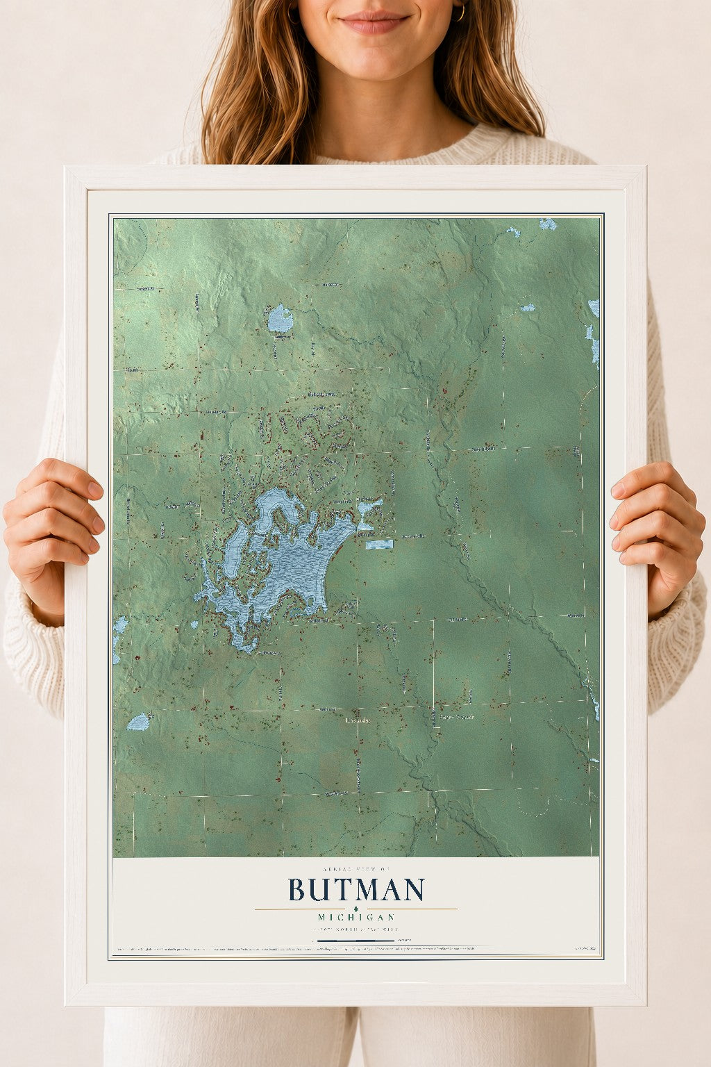 Map of Butman, Michigan, 18 x 24 inch print in a white wood frame