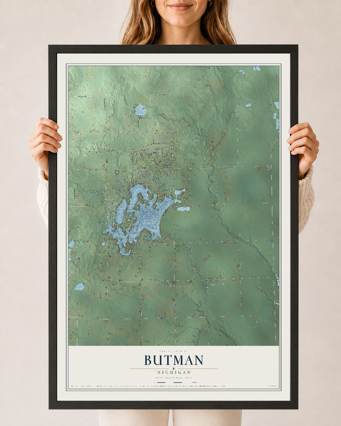 Map of Butman, Michigan, 24 x 36 inch print in a black wood frame