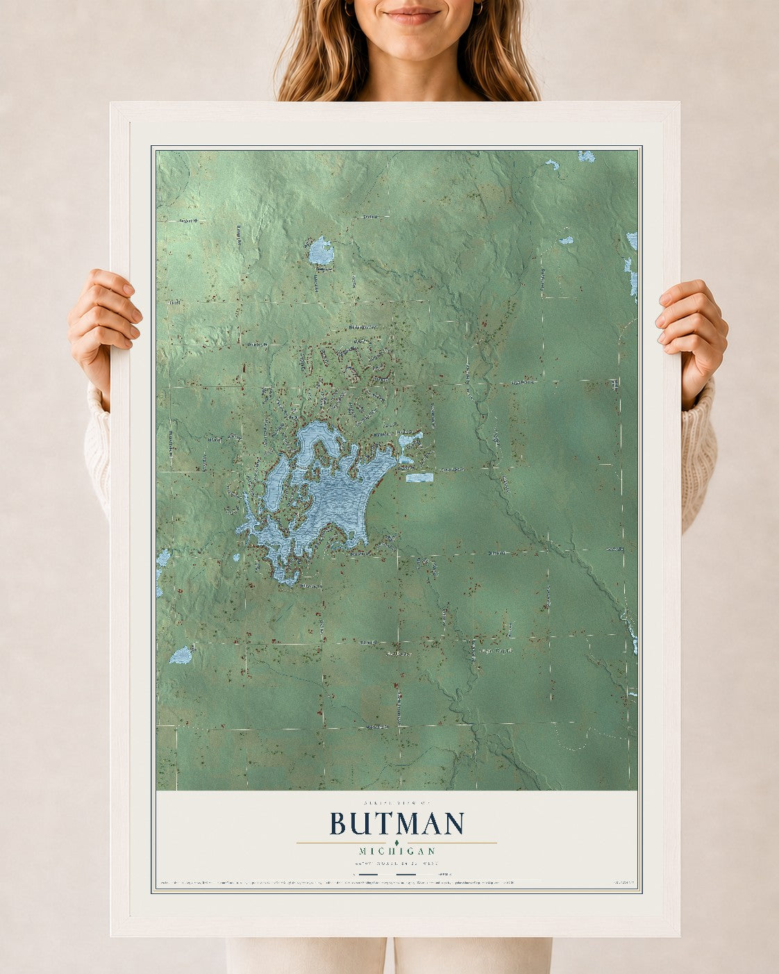 Map of Butman, Michigan, 24 x 36 inch print in a white wood frame