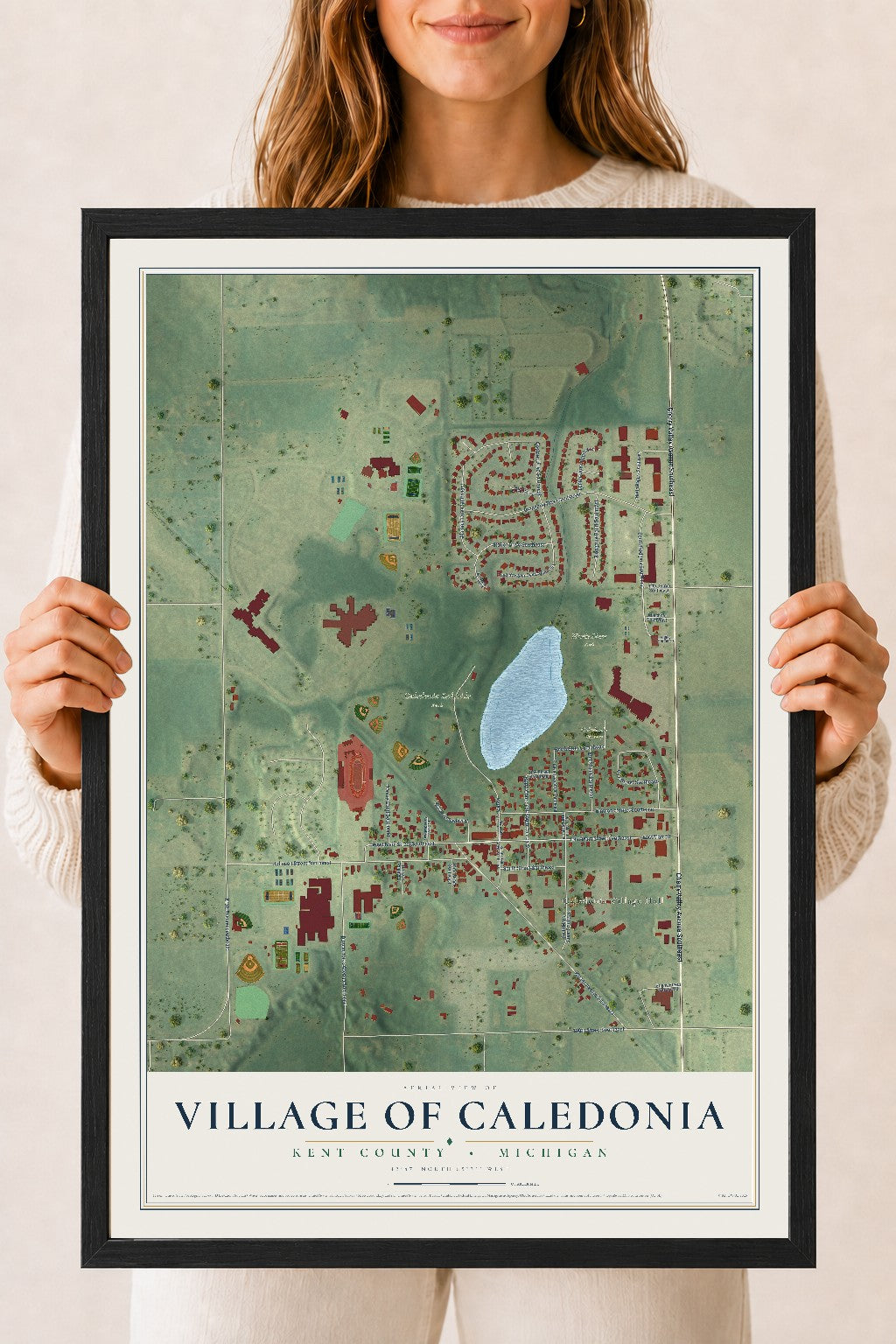 Map of Caledonia, Michigan, 18 x 24 inch print in a black wood frame