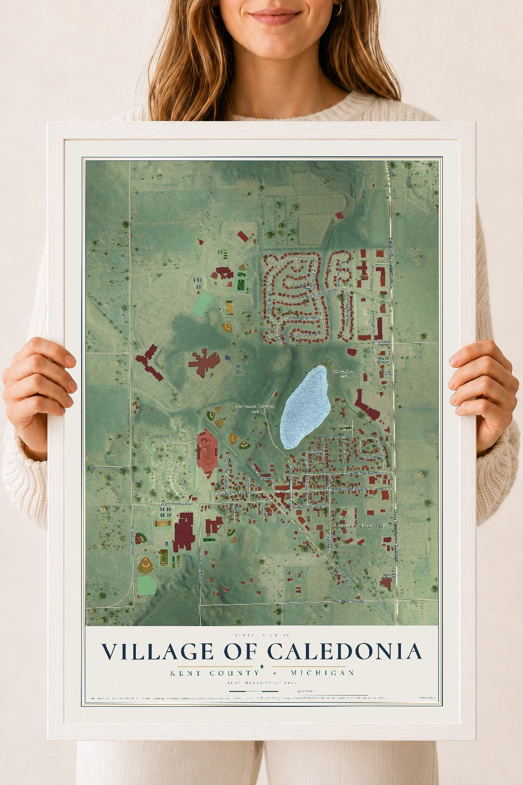 Map of Caledonia, Michigan, 18 x 24 inch print in a white wood frame