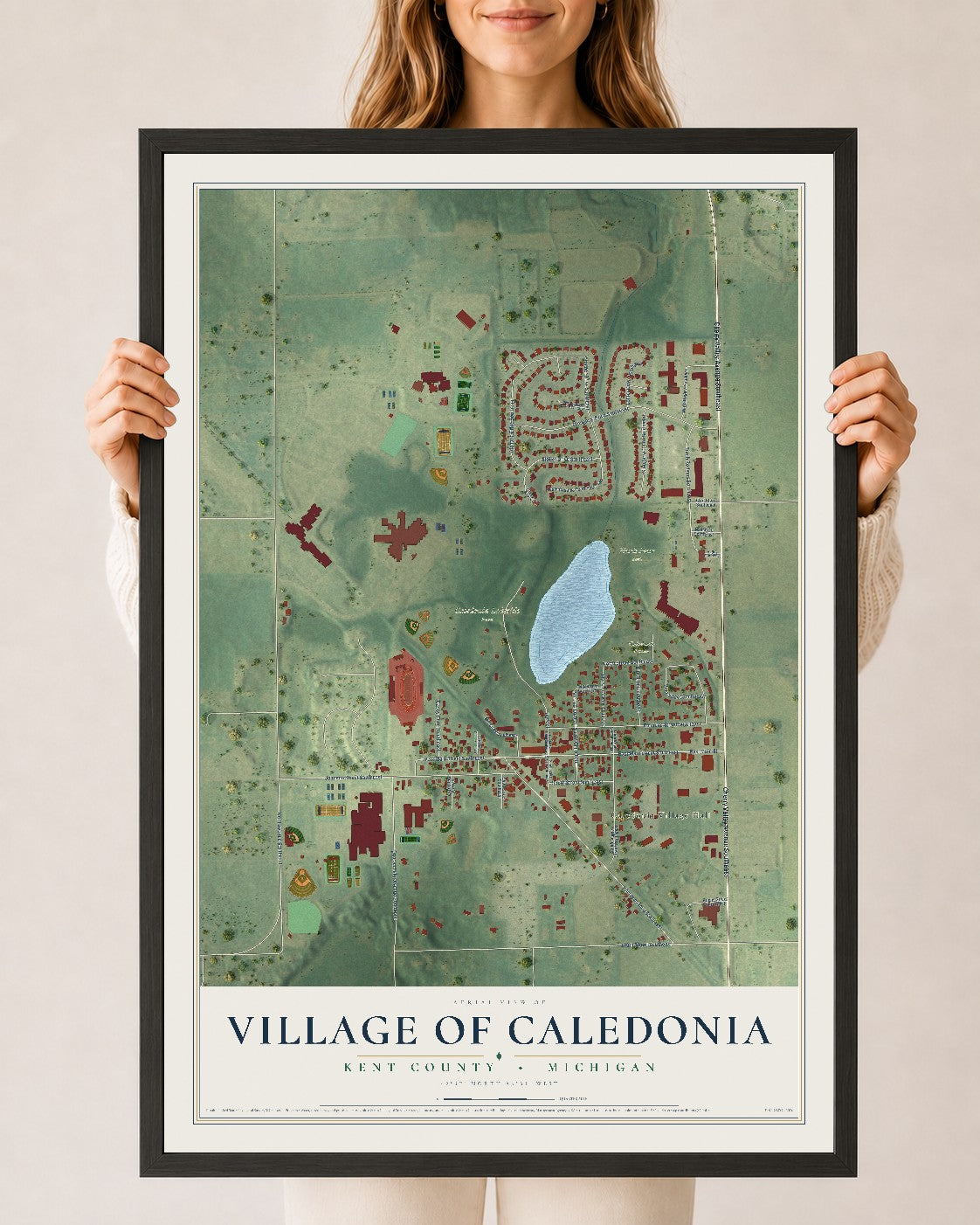 Map of Caledonia, Michigan, 24 x 36 inch print in a black wood frame